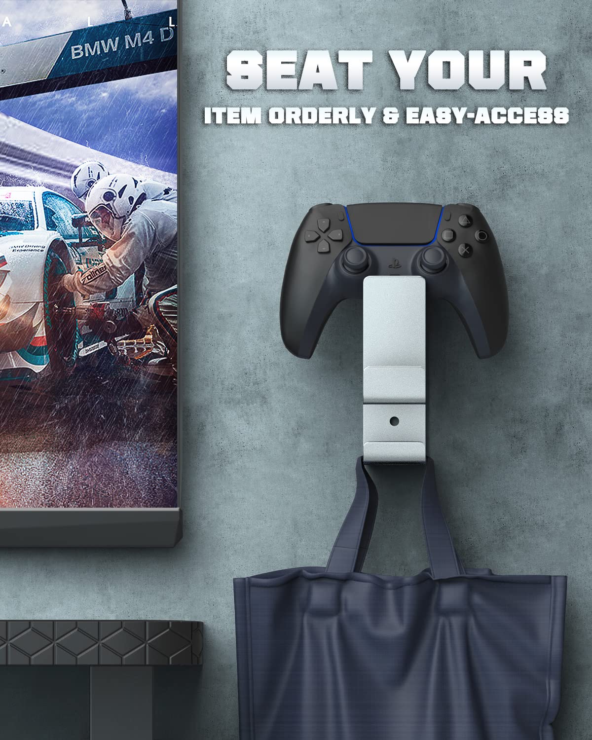 Moko Universal Headset Stand - Wall Mount Headphone Holder Compatible with PS3, PS4, PS5, PC, Steam, Switch & Gamepad Controller - Aluminum Silver | Gaming Accessories for Organized Gaming Setup