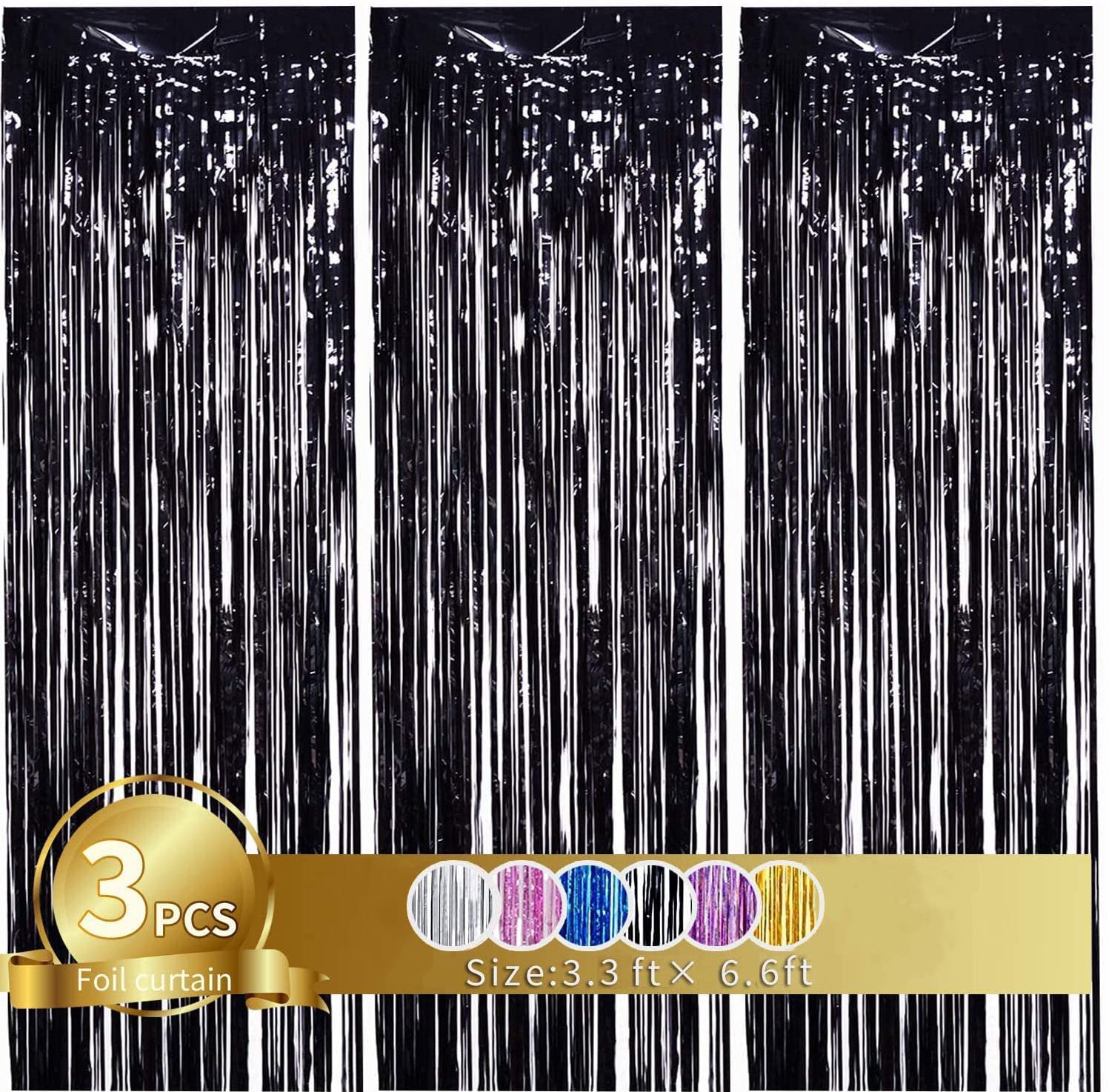 3Pcs 3.3x6.6Ft Black Party Streamers - Black Foil Fringe Curtains for Birthday, Christmas, Bachelorette & New Year Decorations | Perfect for Photo Backdrops, Stage Decor & Party Supplies