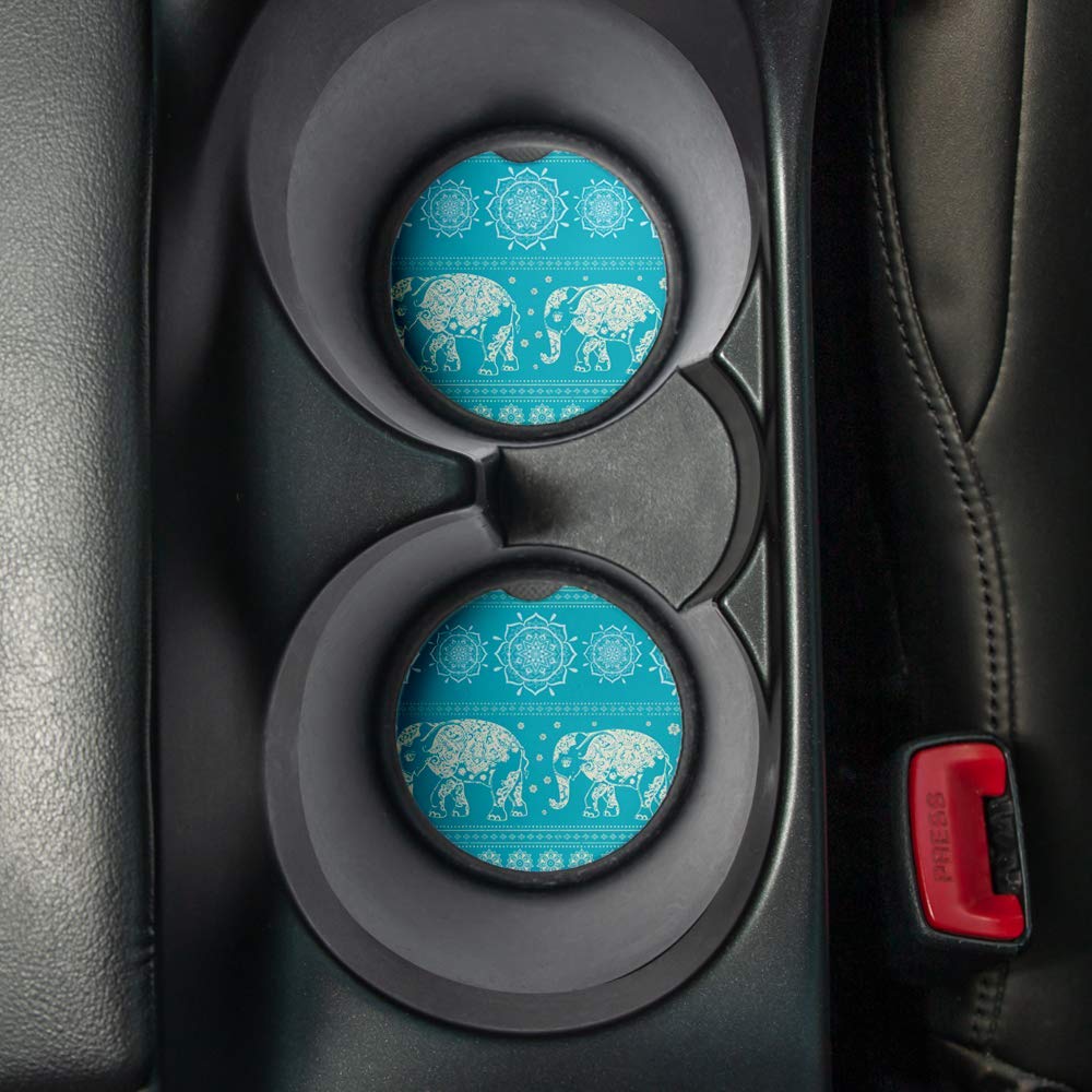 Blue Elephant Pattern Print Car Coasters Set of 2 - Absorbent Drink Coasters with Non-Slip Rubber Backing (2.56 Inch) - Perfect Car Accessories for Coffee, Soda & Water Bottles - Ideal for Road Trips, Commuting & Daily Driving