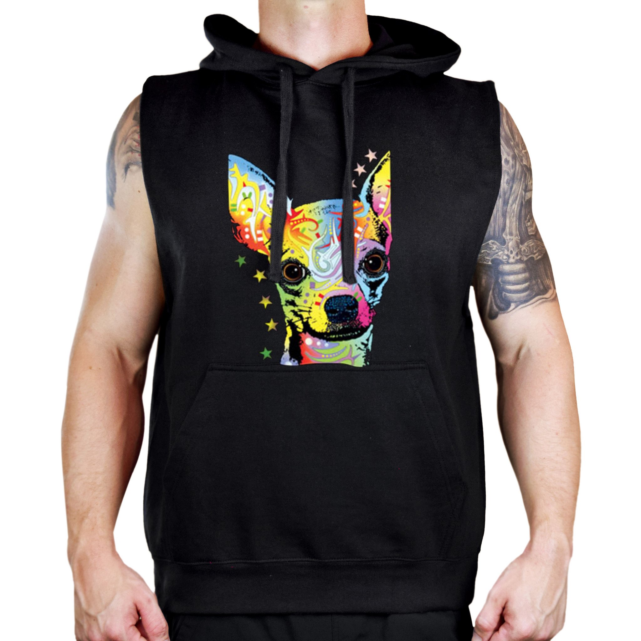 Interstate Apparel Men's Neon Chihuahua Graphic Sleeveless Hoodie Vest - Gym Workout & Streetwear Fashion