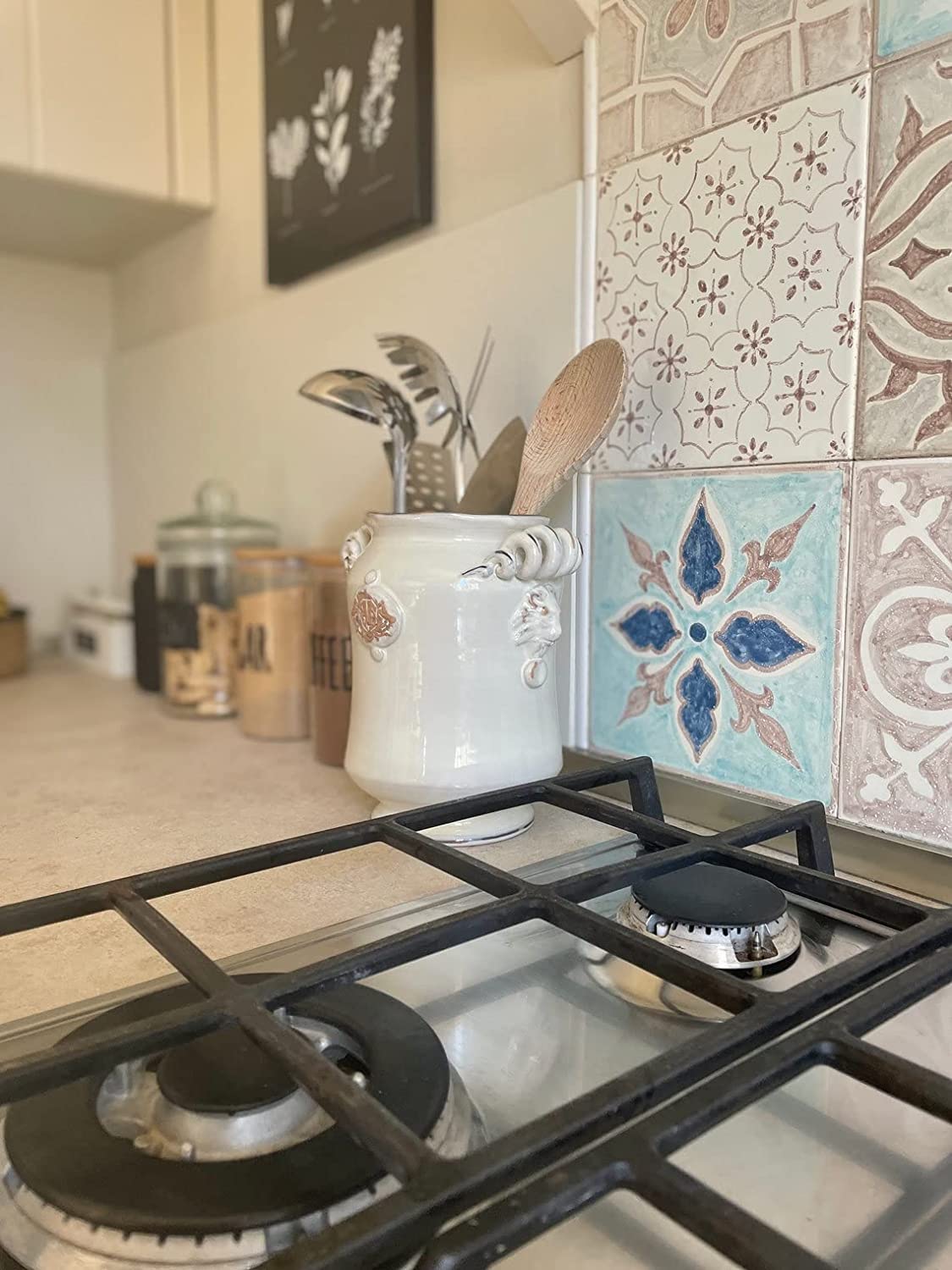 Italian Ceramic Utensil Holder - Hand Painted Wine Bottle Holder, Rustic Tuscan Art Pottery, White Shabby Chic Design, Made in Italy | Perfect for Kitchen Organization & Wine Storage Decor