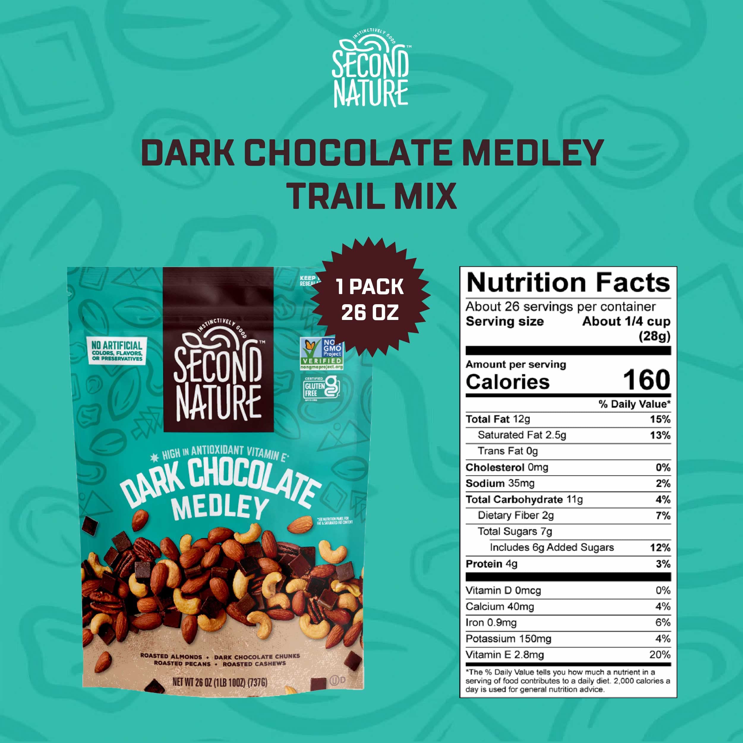Second Nature Dark Chocolate Medley Trail Mix - 26oz Resealable Pouch | Gluten-Free Snack Mix with Nuts & Dark Chocolate | Perfect for Hiking, Travel, Office Snacks & Healthy Lunch Boxes