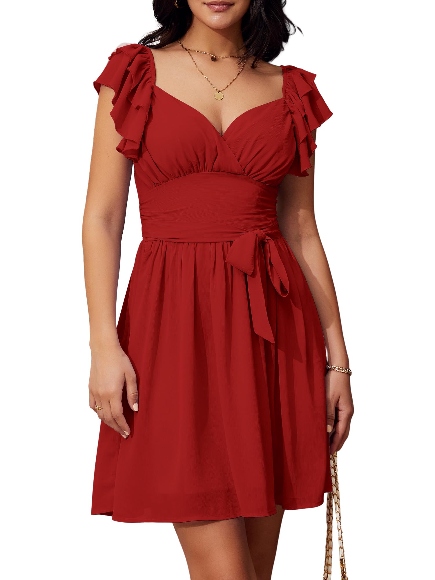 ZAFUL Women's Summer Ruffle Wrap Dress - Short Sleeve V-Neck A-Line Mini Dress for Wedding Guest, Party & Casual Wear | Flowy Tie Back Design for Beach Outings & Date Nights