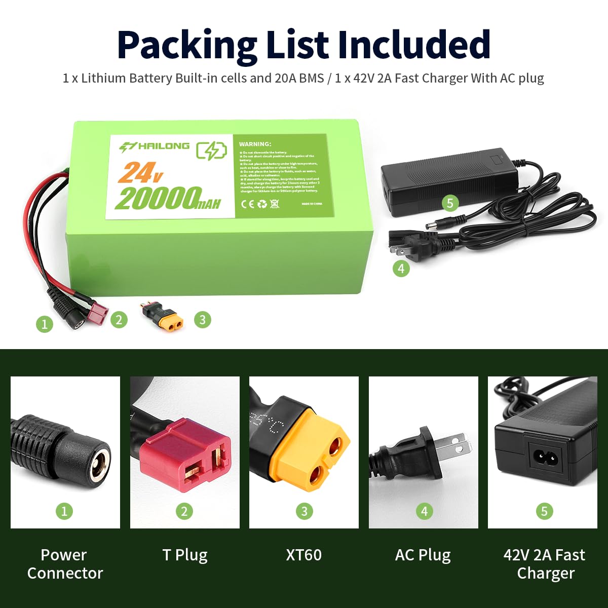 24V 20Ah Lithium Ion Battery for Electric Bike & Scooter - Includes 29.4V 2A Charger, 25A BMS, T-Plug & XT60 Connector - Perfect for Commuting, Leisure Riding & Urban Transportation