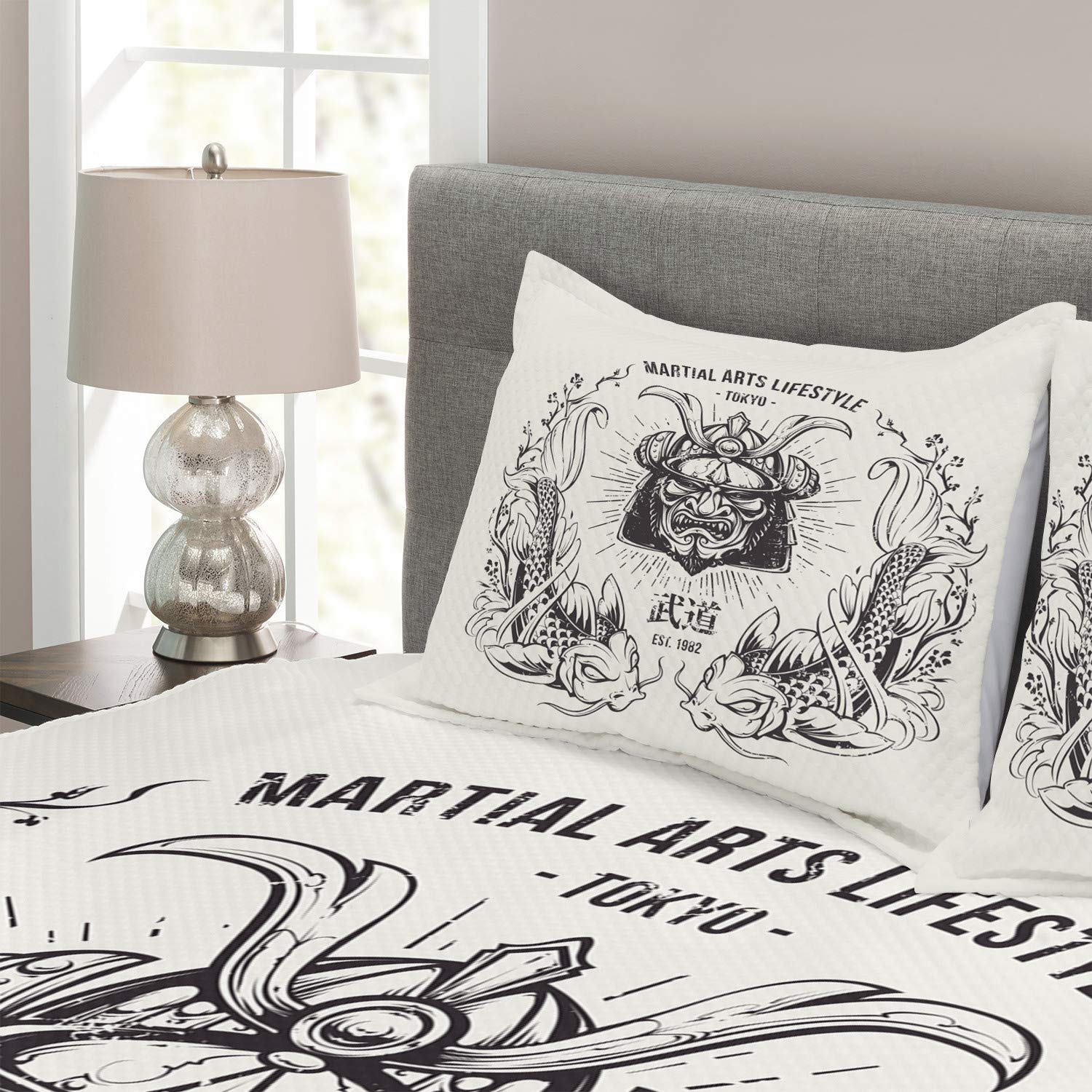Ambesonne Japanese Samurai Koi Fish Bedspread Set - 3-Piece Traditional Asian Decor Bedding with 2 Pillow Shams, King Size in Coconut Grey - Perfect for Zen Bedroom, Martial Arts Theme or Tokyo-Inspired Home Decor