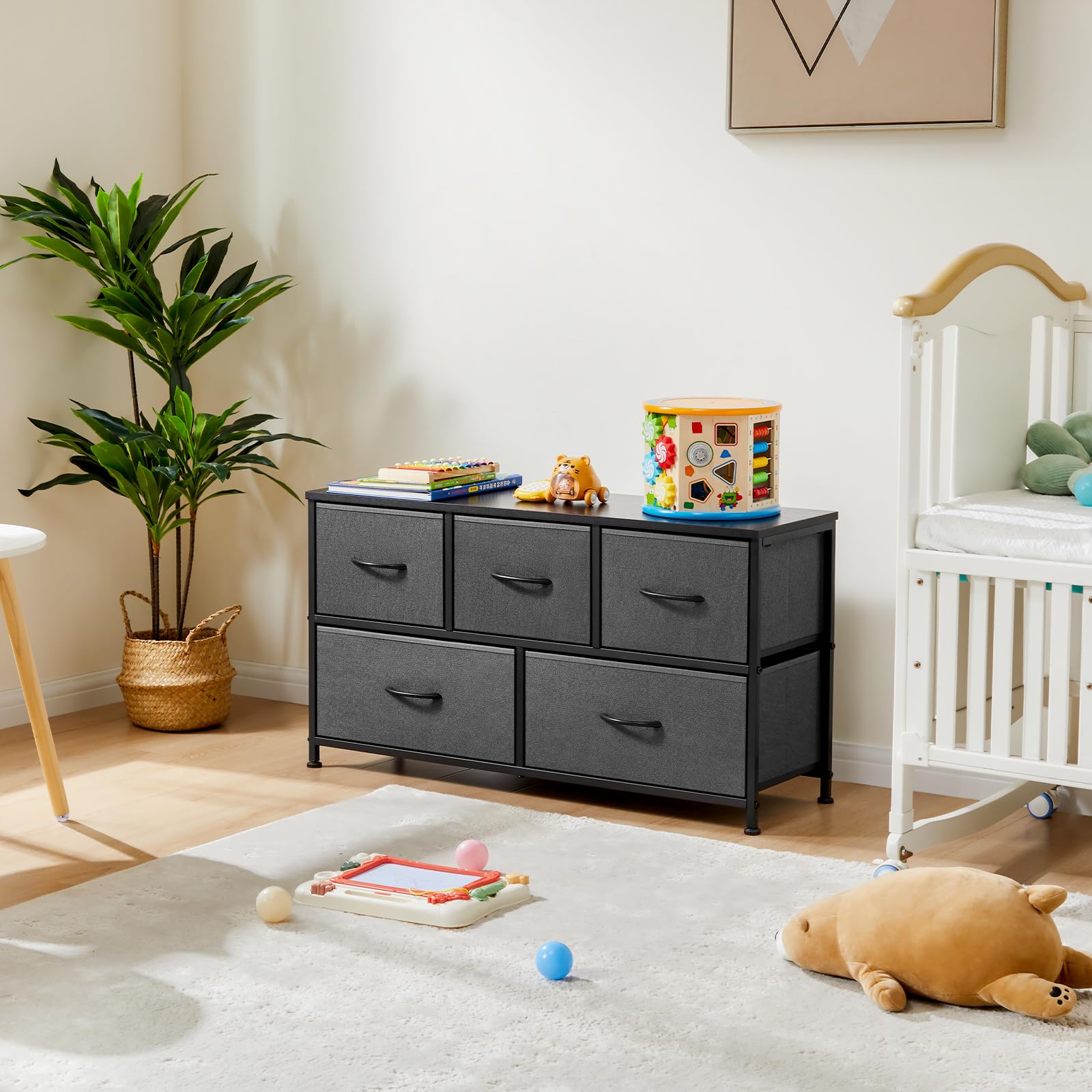 DUMOS 5-Drawer Dresser for Bedroom Storage - Wide Fabric Closet Organizer with Wooden Top & Metal Frame - Perfect for Clothes, Guest Room, Living Room, Hallway & Entryway - Ideal for Small Space Organization & Home Decor