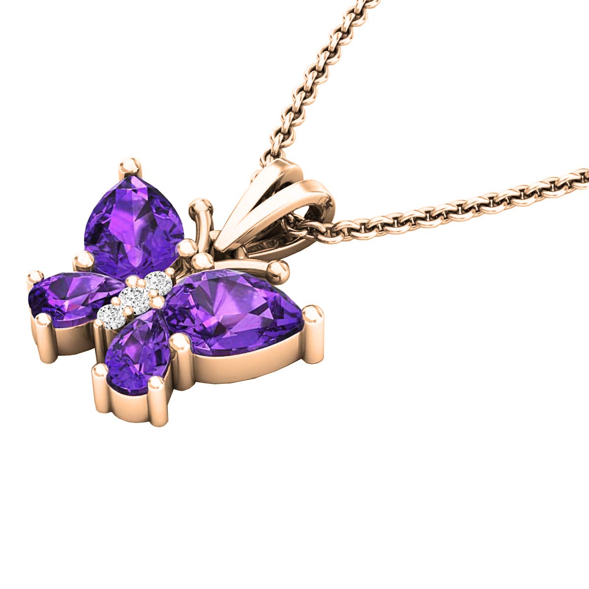 10K Solid Rose Gold Pear Amethyst & Diamond Butterfly Pendant Necklace for Women - Elegant Jewelry Gift for Birthday, Anniversary & Special Occasions
