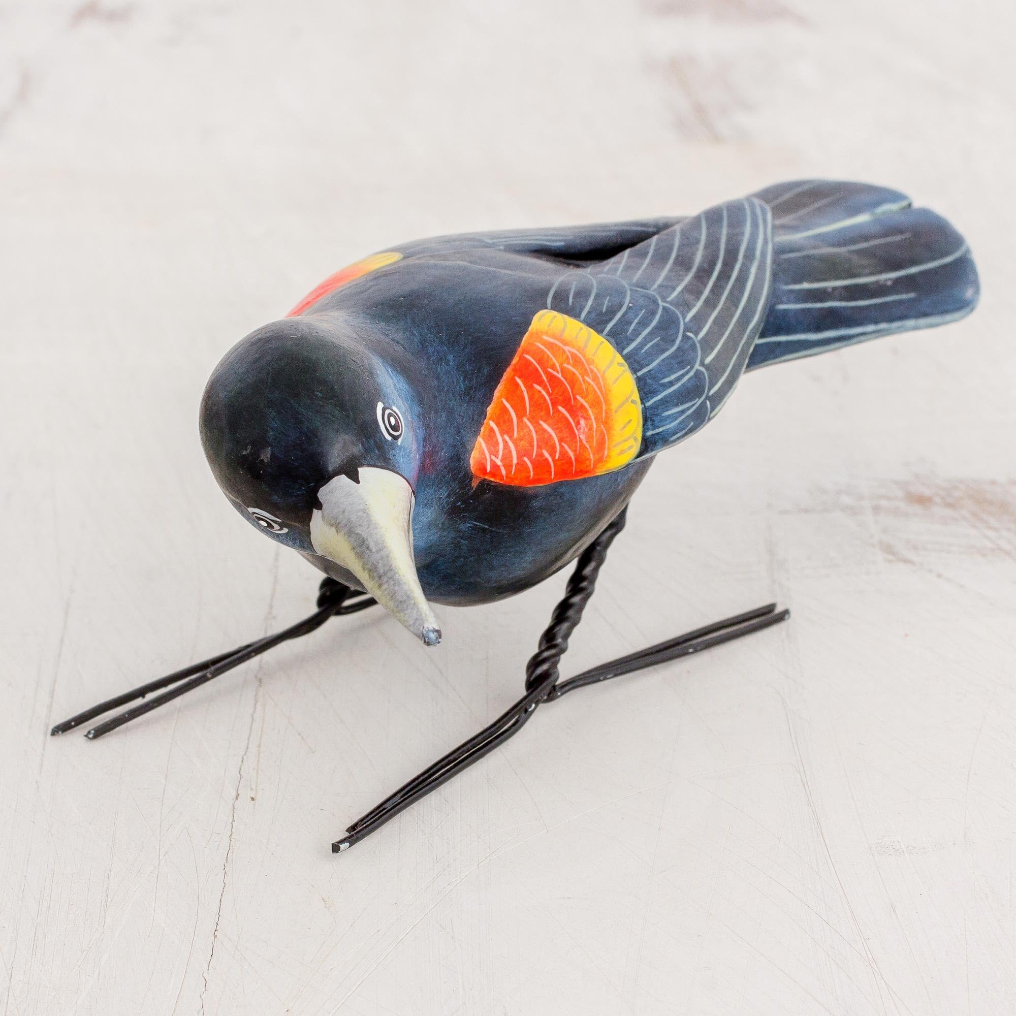 Handmade Guatemalan Ceramic Red-Winged Blackbird Sculpture - Artisan Crafted Blue Bird Figurine (5.5