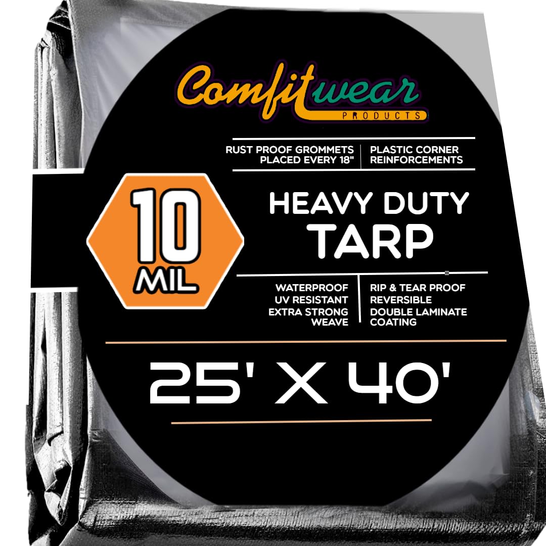 Heavy Duty Waterproof Tarp Cover 25' x 40' - Reinforced Grommets, UV Resistant, Multi-Purpose for Pool, Boat, Camping, Canopy & Tent Protection - Durable Black-Silver Tarpaulin for Outdoor Use