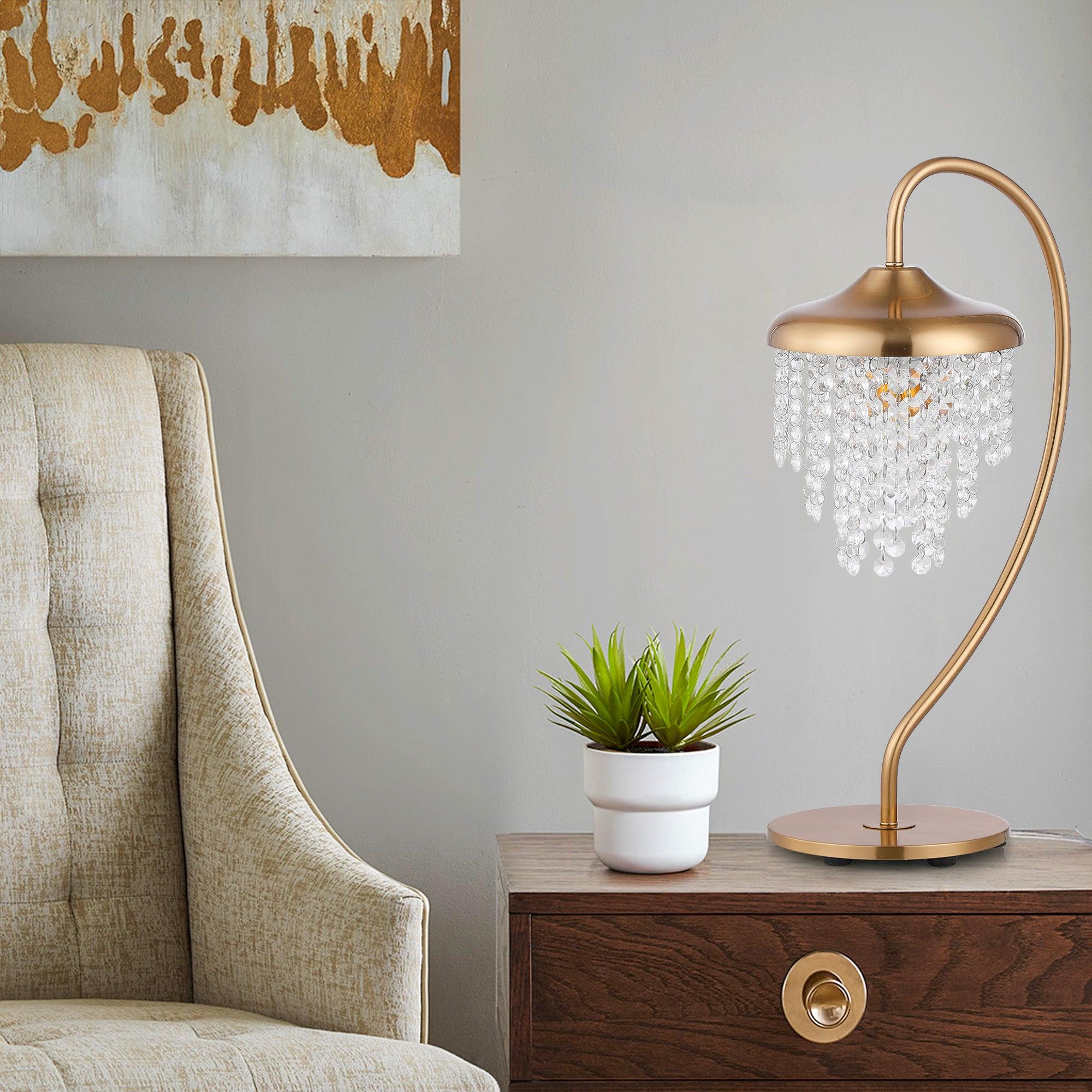 Modern Golden Crystal Table Lamp - Elegant 1-Light Accent Lighting for Living Room, Bedroom, or Office Decor
