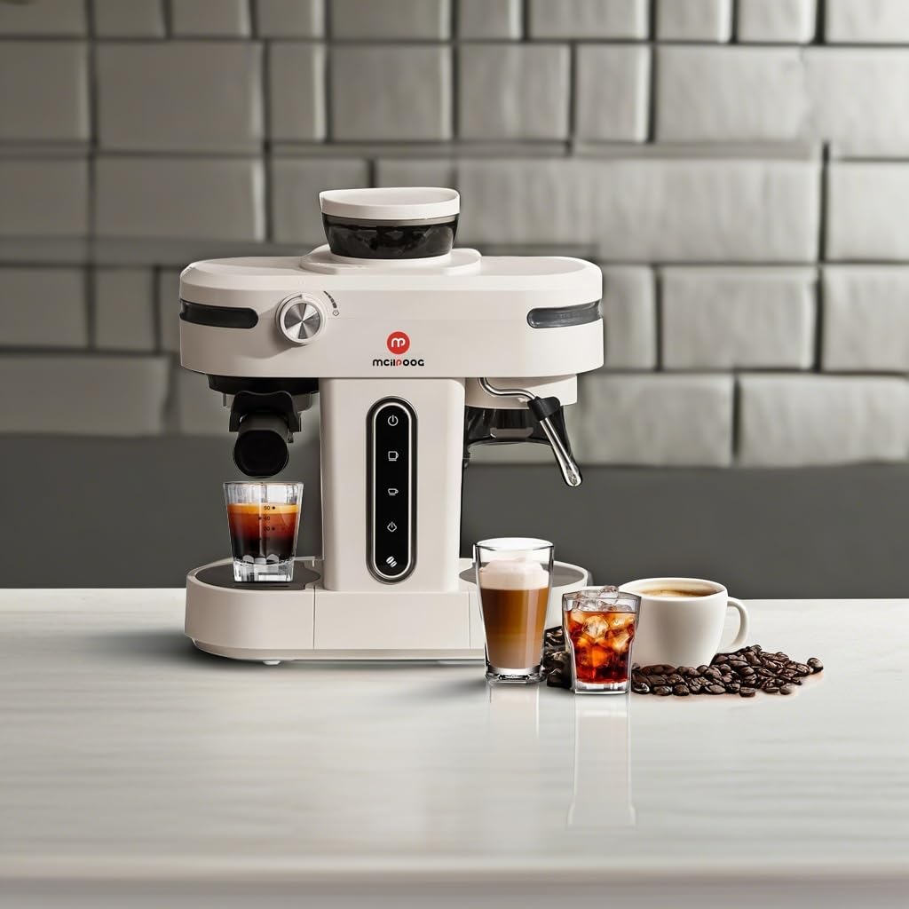 Mcilpoog AC510 15Bar Semi-Automatic Espresso Machine with Built-in Grinder & Steam Wand - 3-in-1 Compact Coffee Maker for Cappuccino, Latte & Americano - 28oz Removable Water Tank - Perfect for Home Baristas & Coffee Lovers (Creamy White) - Ideal for Kitchen Countertops, Office Break Rooms & Gift for Dad