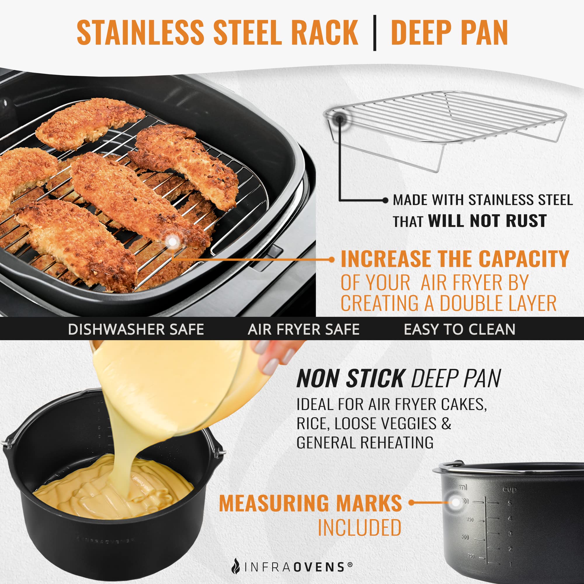 11-Piece Air Fryer Accessories Set - Compatible with Instant Vortex, Cosori, Cuisinart & Most Square Air Fryers | Includes Baking Pan, Rack & Cooking Time Cheat Sheet Magnets | Perfect for Healthy Frying, Baking & Roasting | by INFRAOVENS
