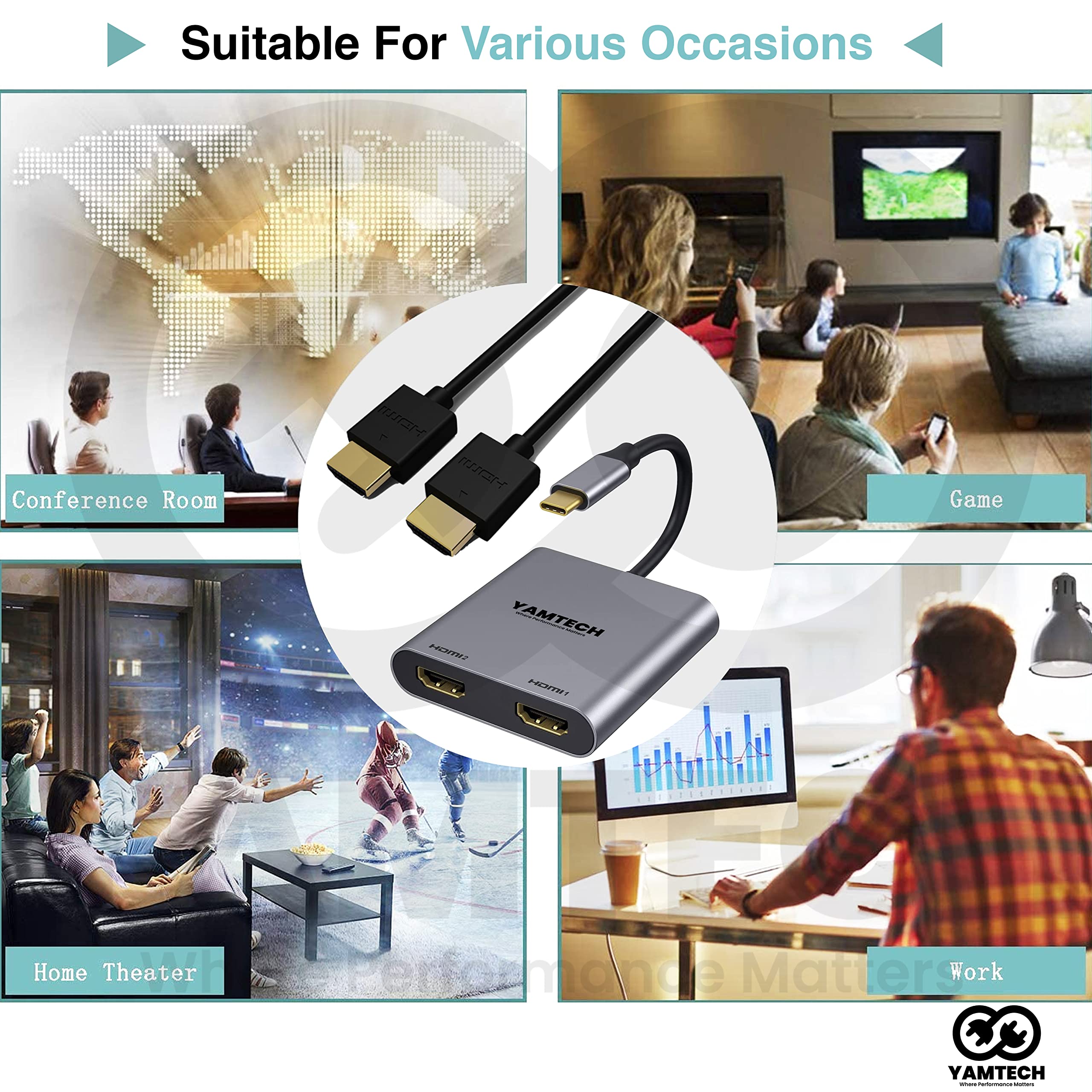 USB C to Dual HDMI Adapter 4K 60Hz - 4-in-1 Multiport Hub for Dual Monitor Setup, MacBook, Chromebook - Perfect for Home Office, Gaming & Multi-Tasking