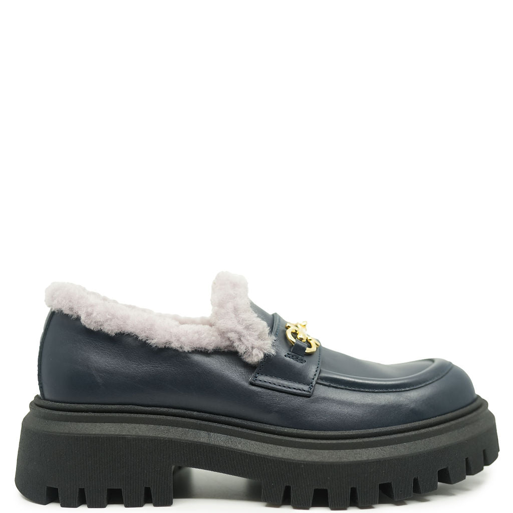 Rondinella Navy Blue Chunky Loafers with Fur Buckle - Stylish & Comfortable Slip-On Shoes for Women, Perfect for Office, Casual Outfits & Daily Wear
