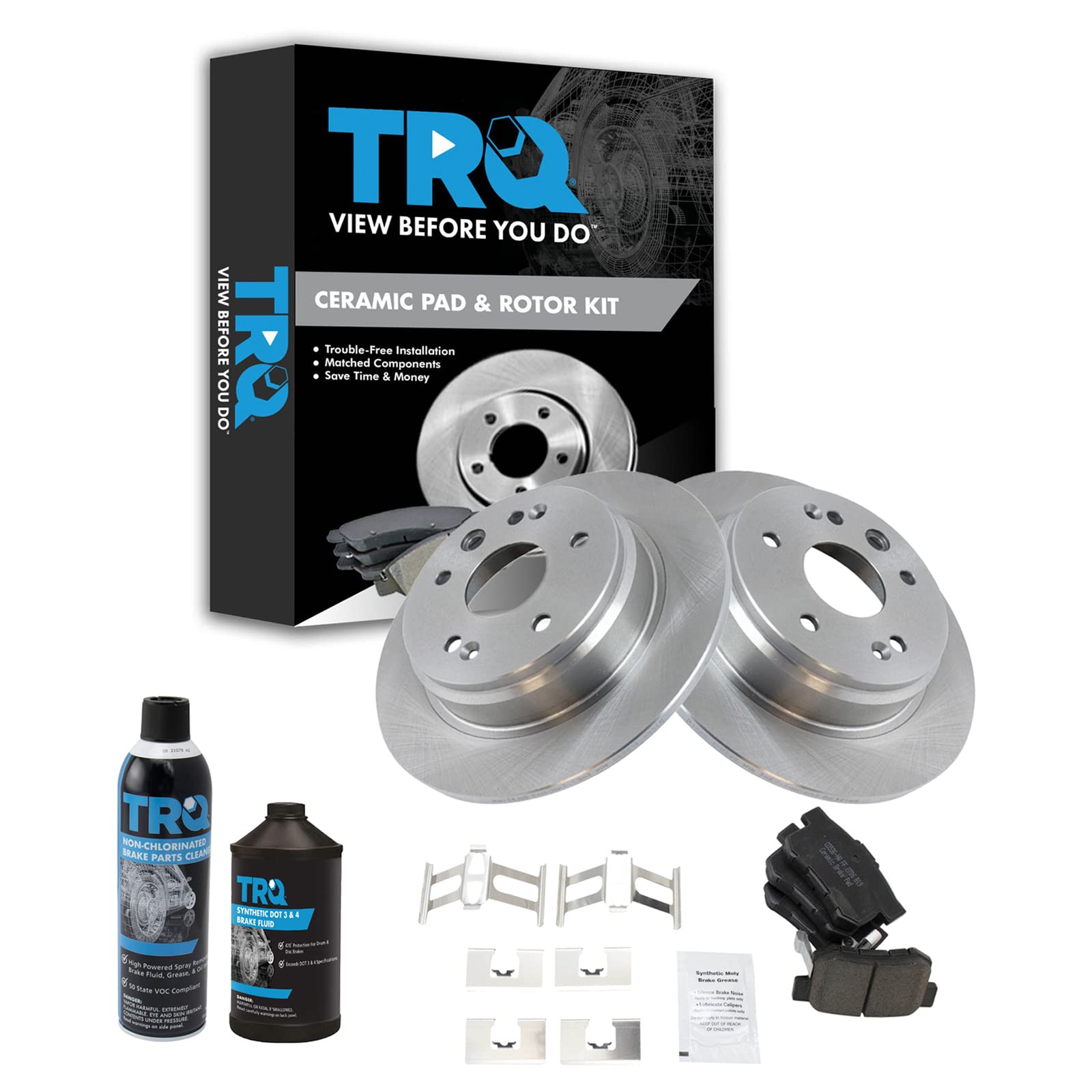 TRQ Rear Brake Pad and Rotor Kit with Ceramic Brake Pads - Compatible with 1999-2003 Acura TL - Perfect for Smooth Braking and Vehicle Maintenance