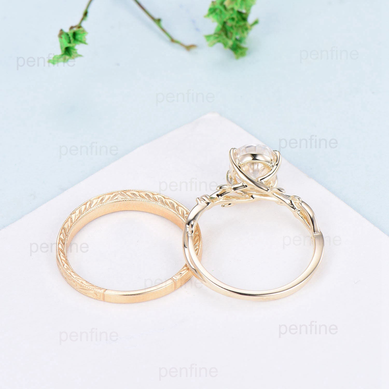 2 Carat Oval Moissanite Engagement Ring Set with Twig Leaf Wedding Band - 14K Yellow Gold Filigree Milgrain Edge Stacking Rings for Women | Perfect for Proposals, Anniversaries & Bridal Jewelry