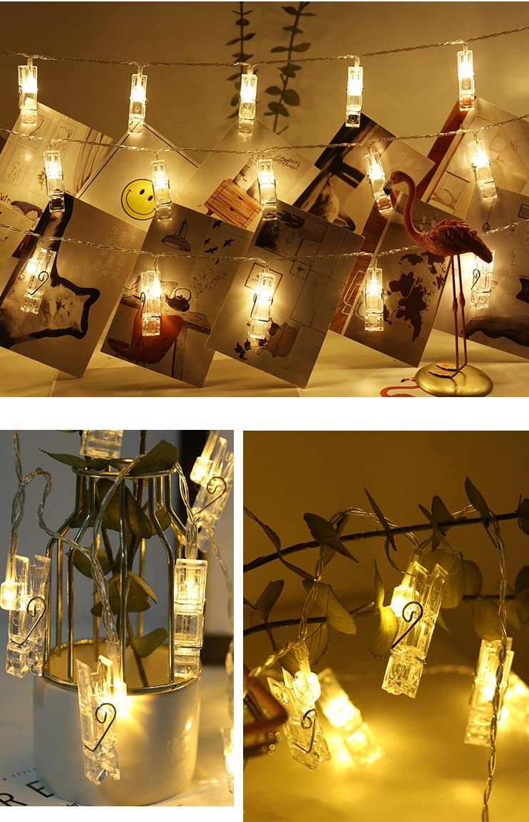 Battery Powered LED Fairy String Lights with Clips - 3M/10FT Warm White Photo Display Lights for Wedding, Christmas Party, Kids Room Wall Decor - Indoor & Outdoor Decorative Lighting for Home, Bedroom, Garden and Events