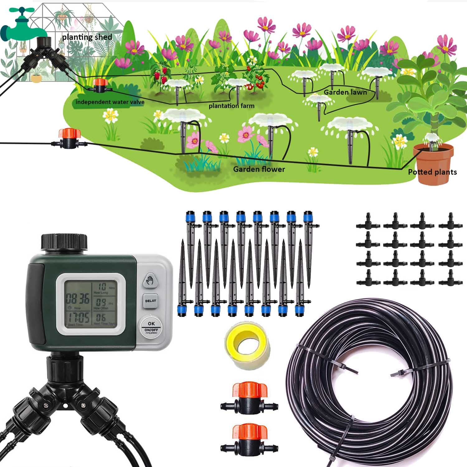**Automatic Drip Irrigation Kit with Water Timer – 65.5FT 1/4