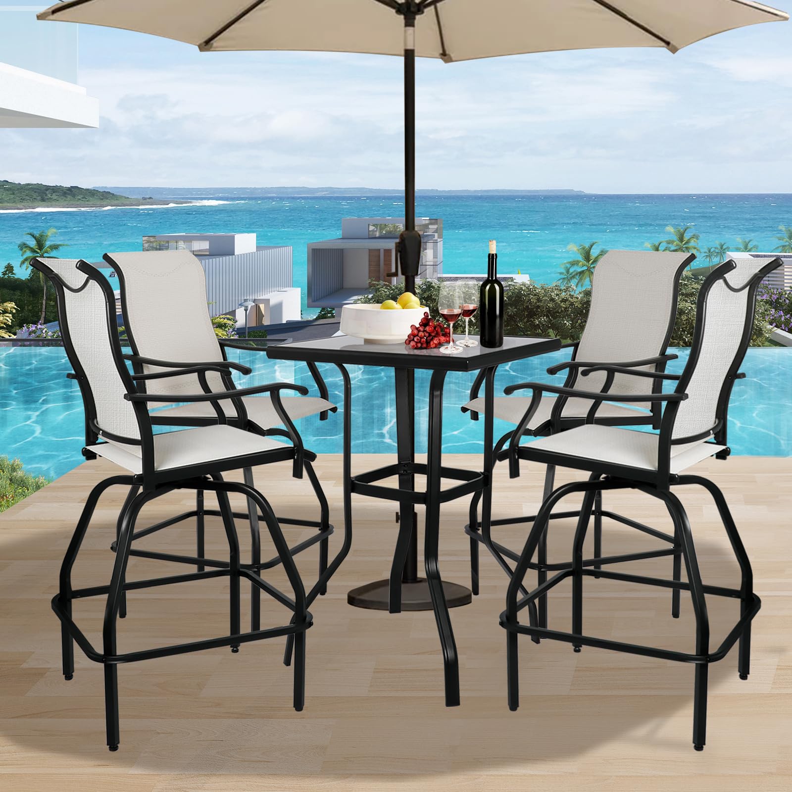 LEVELEVE 5-Piece Patio Bar Set with Swivel Bar Stools & Height-Adjustable Table - All-Weather Textilene Outdoor Bistro Furniture (Beige) for Backyard, Poolside & Garden Relaxation