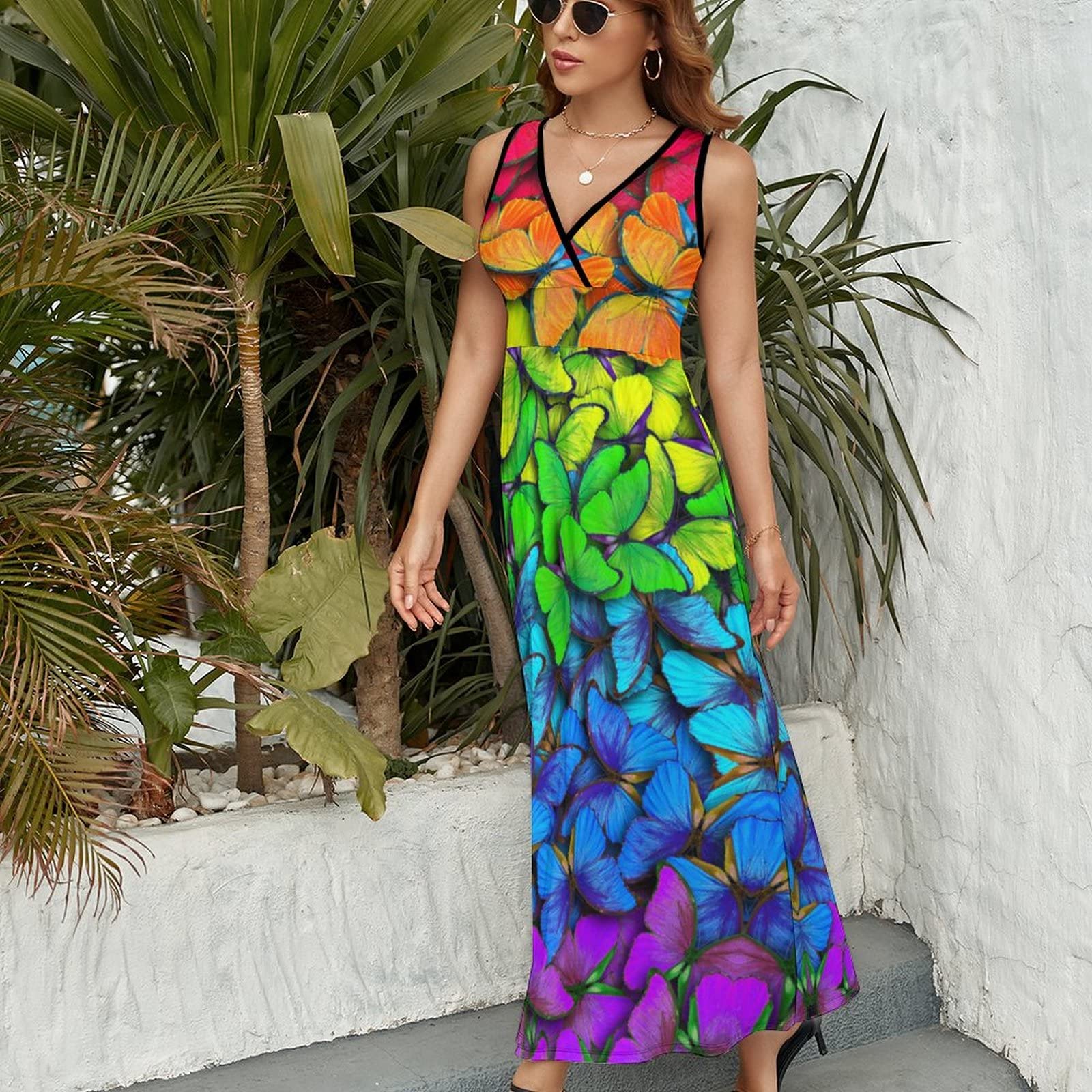 Women's Maxi Dress with Multicolored Butterflies Print - V Neck Sleeveless Summer Flowy Dress for Beach, Vacation & Casual Wear