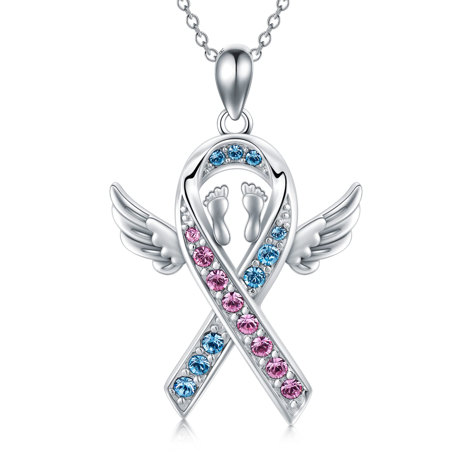 925 Sterling Silver Angel Mom Necklace - Pink & Blue Ribbon Memorial Pendant for Pregnancy Loss, Infant Child Loss Awareness - Sympathy Jewelry Gift for Bereaved Mothers (Perfect for Remembrance Days, Support Groups & Healing Gifts)