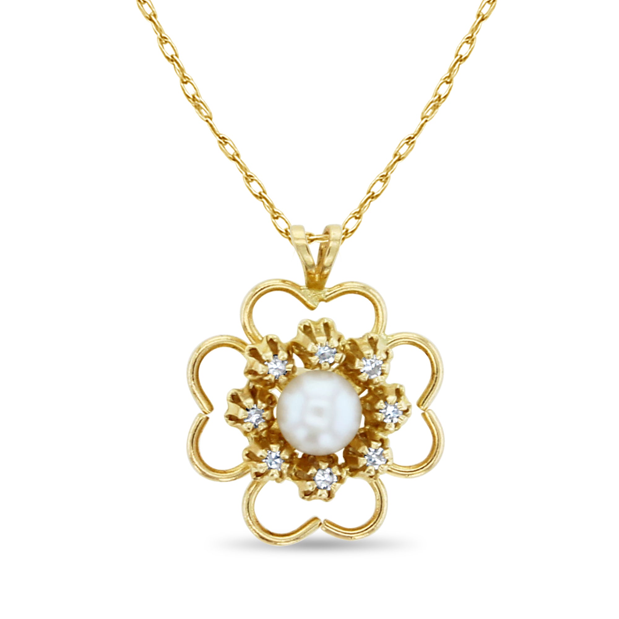 14K Yellow Gold Diamond Halo Necklace with Flower-Shaped Pearl Center - Elegant Jewelry for Weddings, Anniversaries & Special Occasions