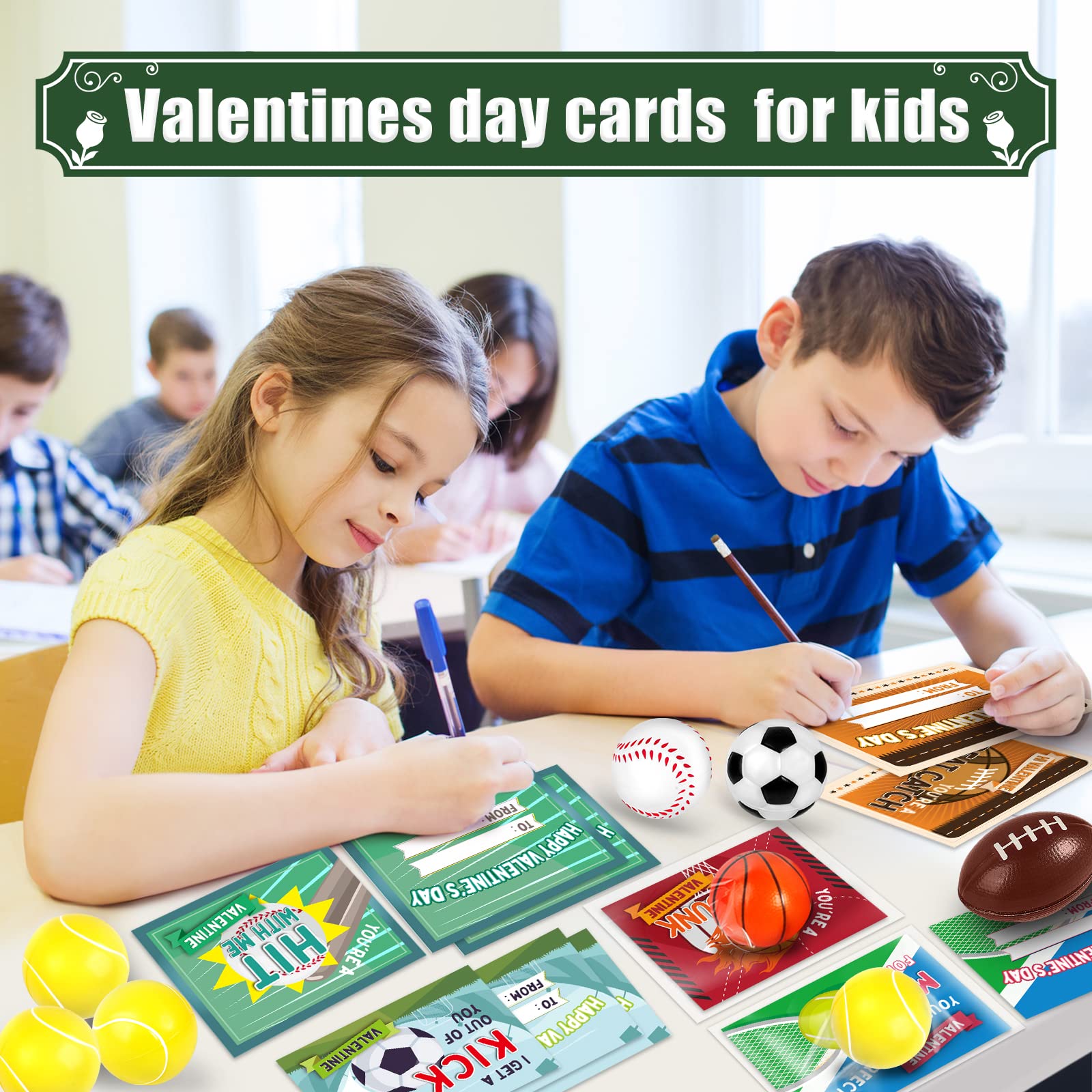 30 Pack Valentine's Day Cards for Kids with Mini Squeeze Foam Sports Balls - Classroom Valentine's Gifts Exchange, Party Favors & Prizes for School Kids - Perfect for Valentine's Day Celebrations, Classroom Activities & Party Games