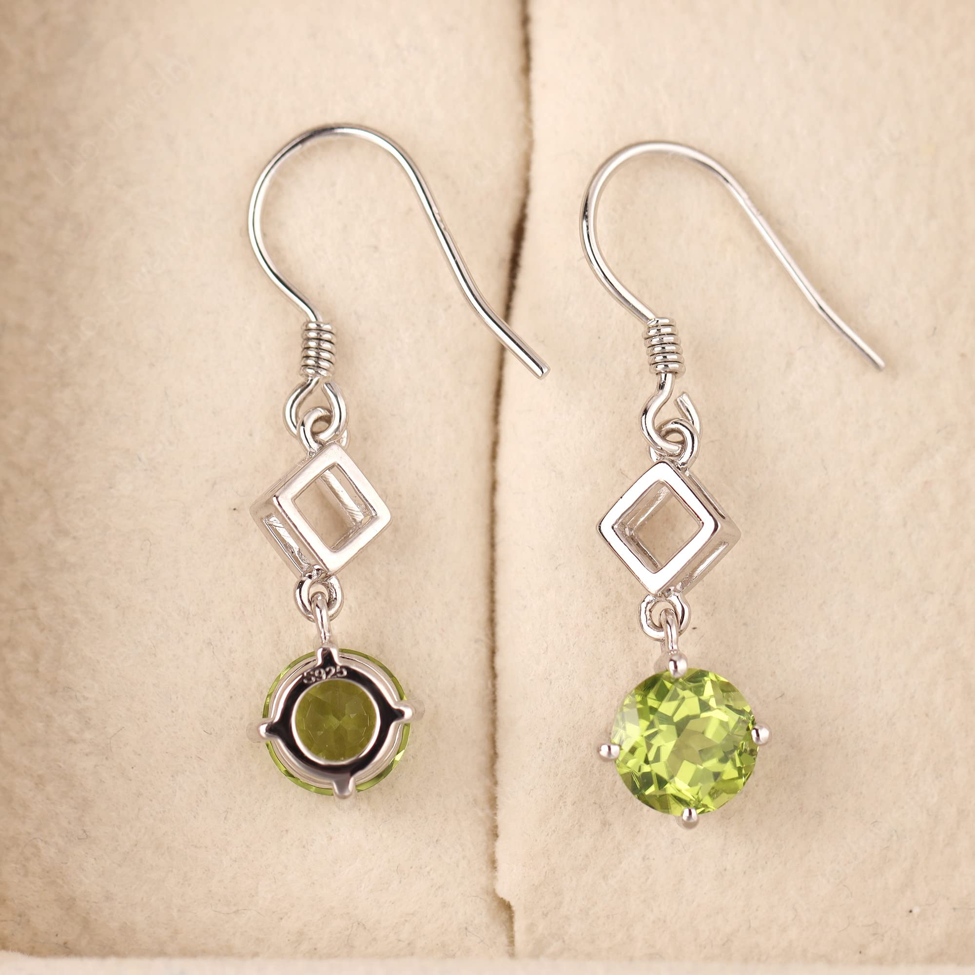 S925 Sterling Silver Peridot Dangle Earrings for Women - Round Green Gemstone Drop Earrings for Bridal, Wedding, Party & Everyday Wear