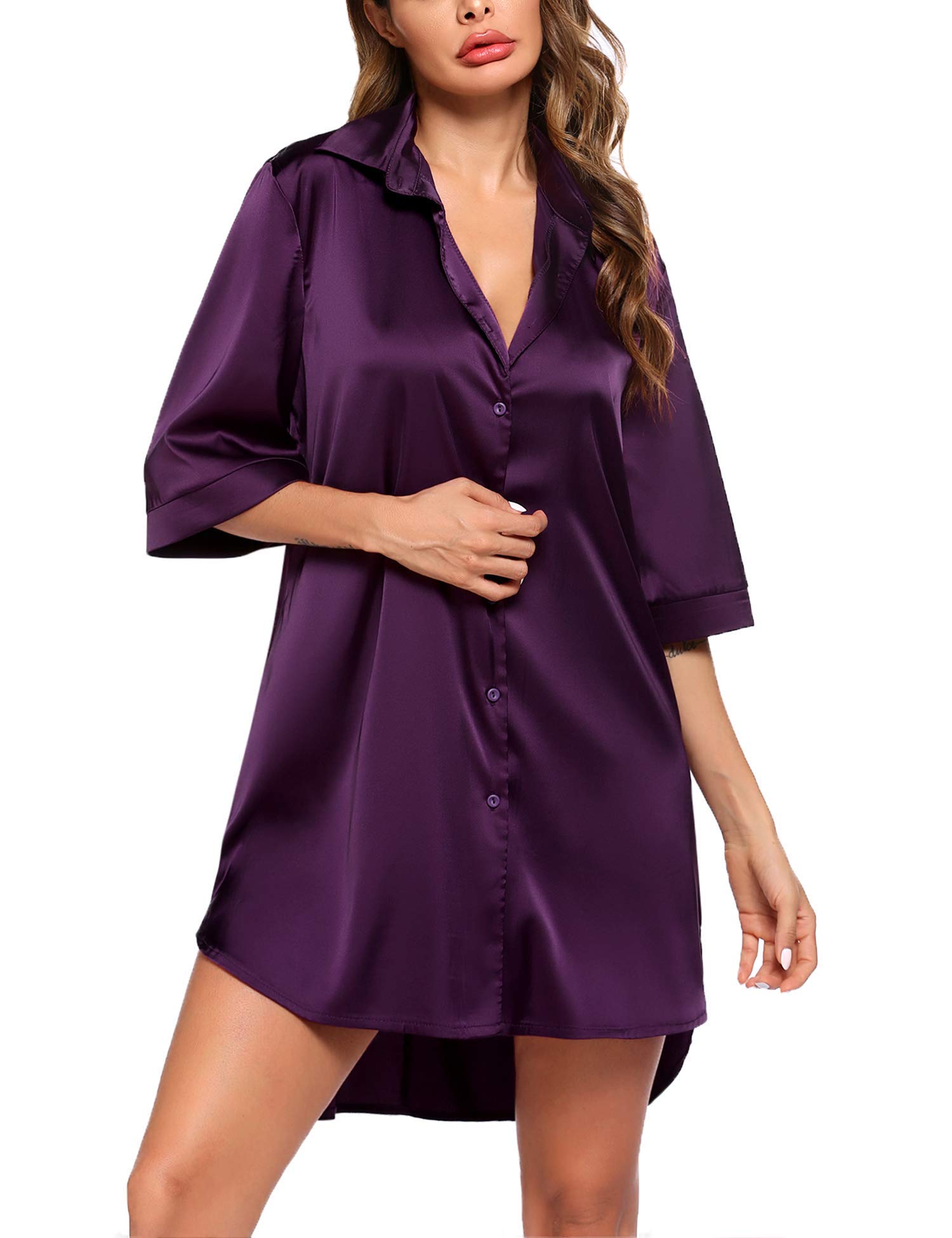Ekouaer Women's Satin Nightgown - 3/4 Sleeve V-Neck Sleepwear Nightshirt for Women S-XXL | Soft & Comfortable Pajama Dress for Lounge, Sleep & Relaxation at Home