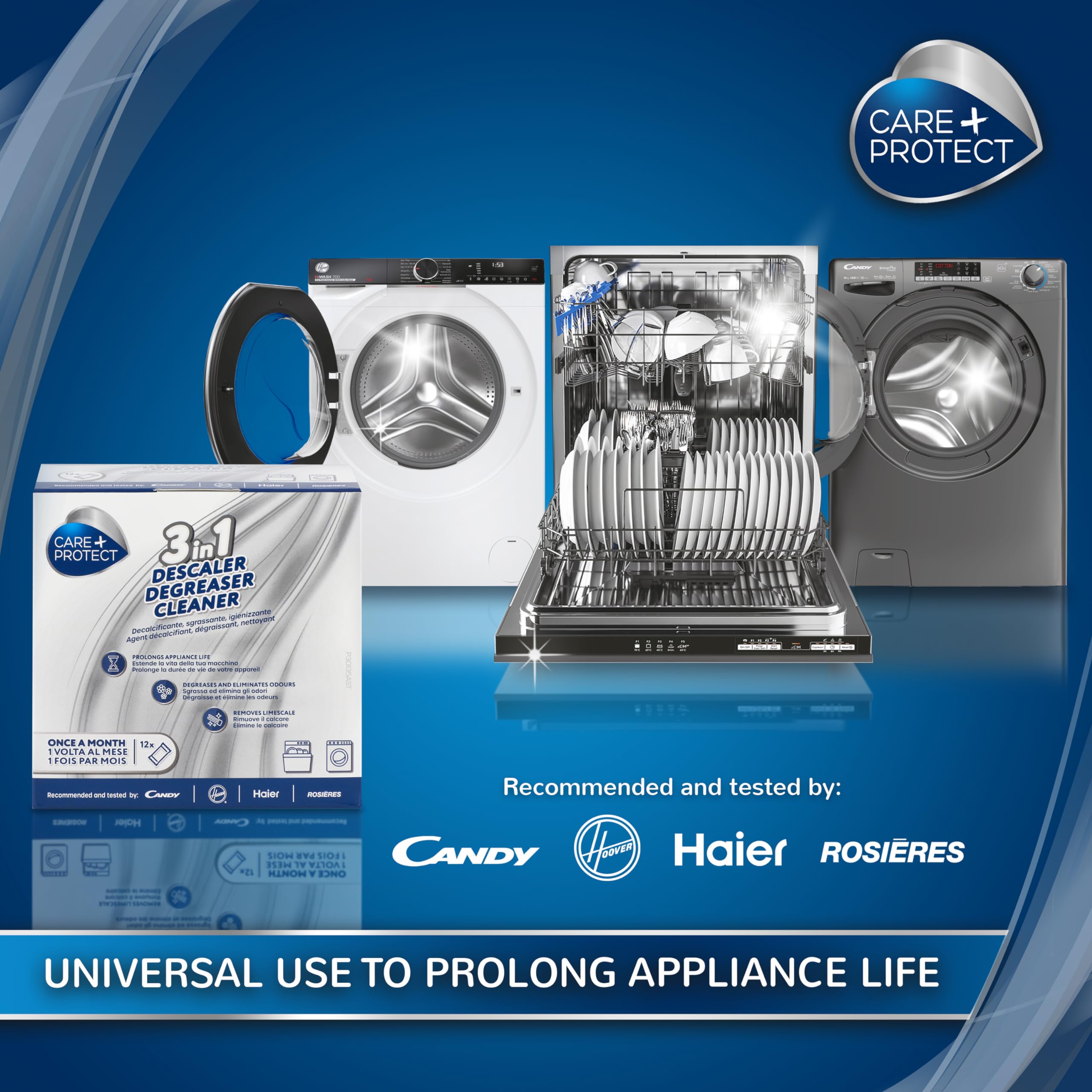 CARE+PROTECT 3-in-1 Washing Machine & Dishwasher Cleaner - Limescale Remover, Degreaser & Hygienic Cleaner - Universal Formula (12 Sachets for 12 Months Supply) - Perfect for Laundry & Kitchen Appliance Maintenance