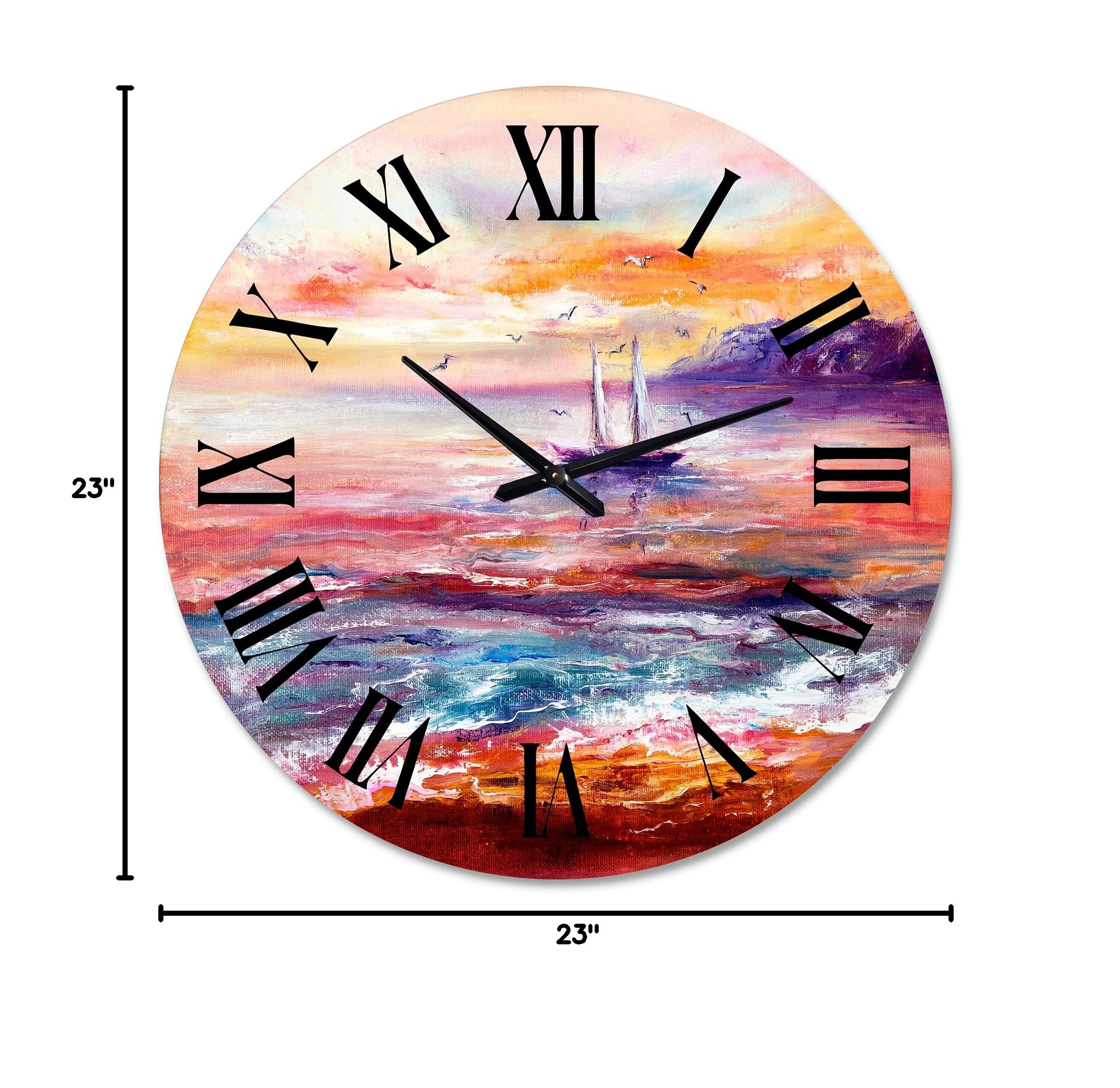 DesignQ Nautical Coastal Wall Clock - 12 Inch Round Boat Ocean Sunset Decor for Living Room, Bedroom, Office | Perfect for Beach House & Coastal Home Decor
