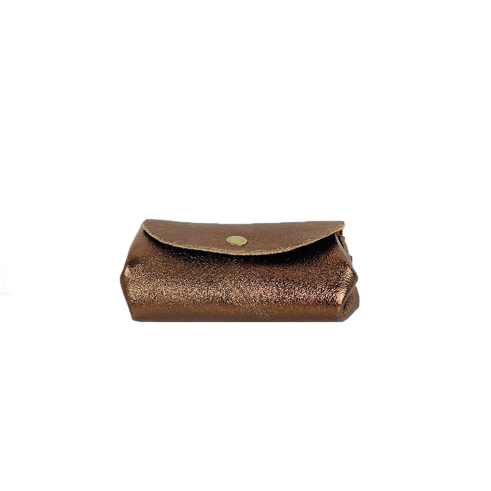 Genuine Metallic Leather Mini Accordion Coin Purse with Double Compartment & 3 Pockets - Handmade in Italy - Bronze Wallet for Women | Perfect for Organizing Coins, Cards & Cash On-the-Go