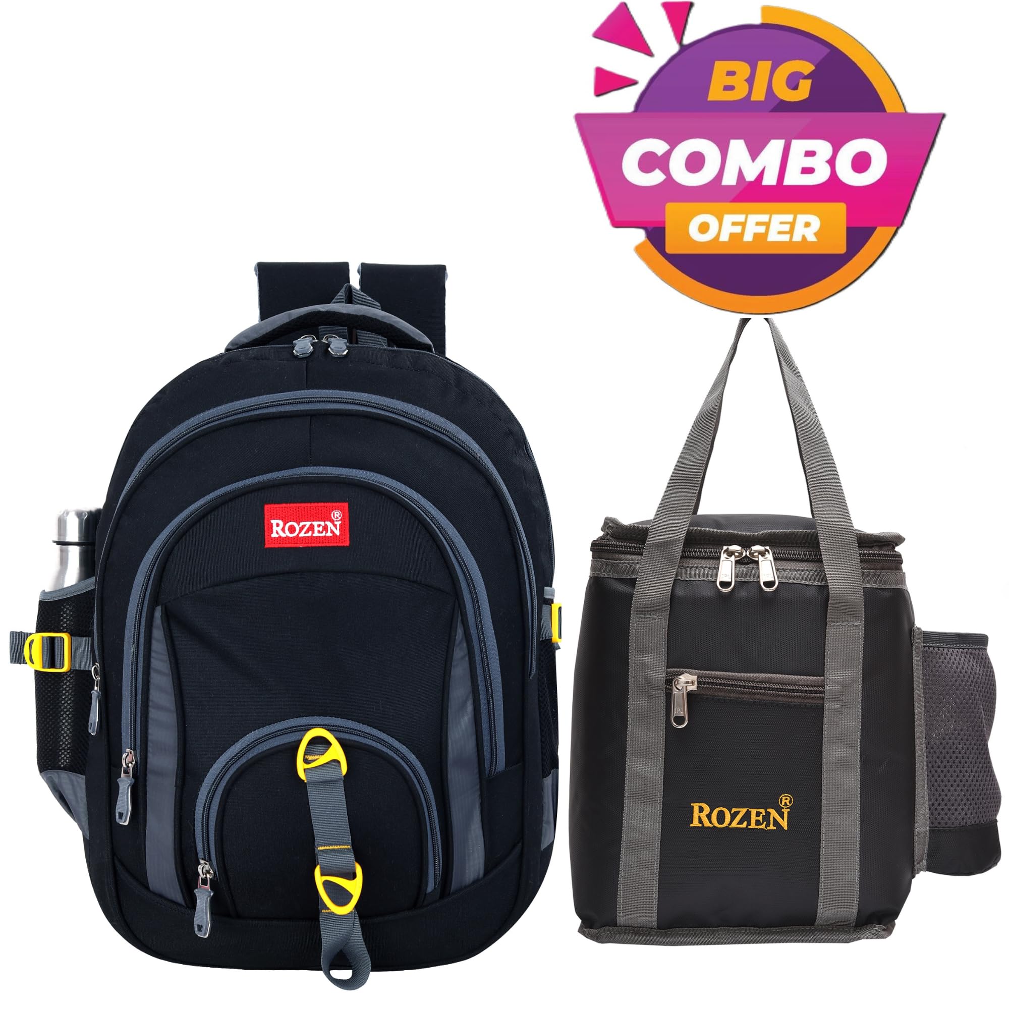 ROZEN 50L Large School Backpack & Lunch Bag Combo for Students Grade 5-12 - Water Resistant Unisex Multipurpose Backpack - Durable Stylish Design for School, College, Travel & Outdoor Activities