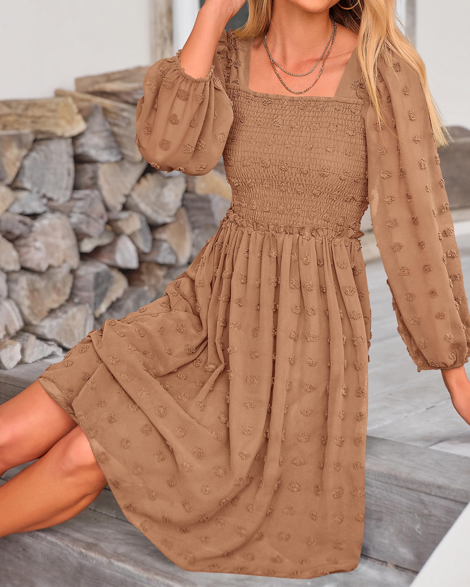BTFBM Women's Floral Swiss Dot Smocked Mini Dress - Square Neck Long Sleeve Boho Style for Spring Summer 2025 | Perfect for Wedding Guest, Garden Party & Casual Outings