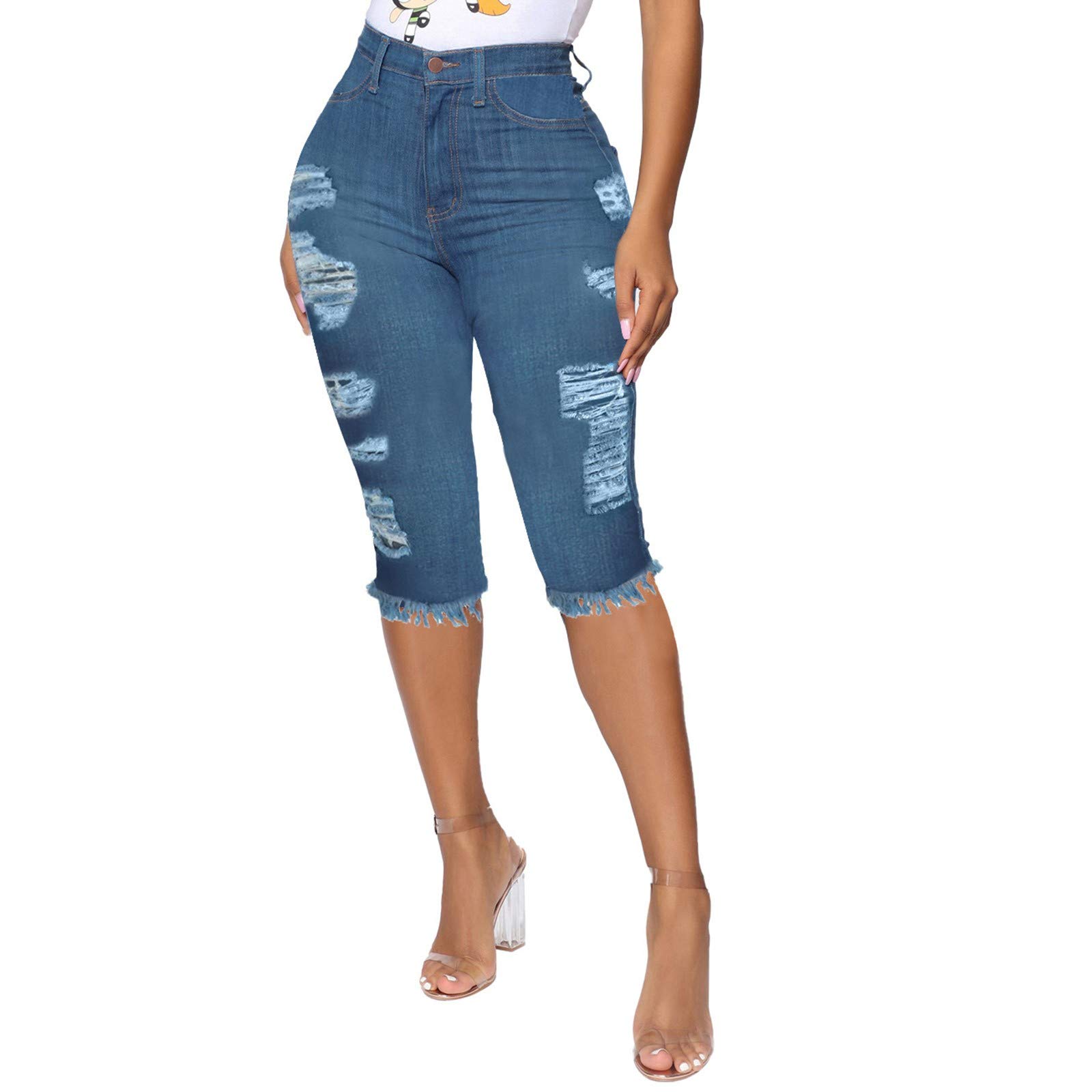WUAI Women's Bermuda Denim Shorts - Knee Length Stretch Biker Shorts, Distressed Ripped Jeans for Curvy & Plus Size | Perfect for Casual Outings, Summer Vacations & Streetwear Fashion