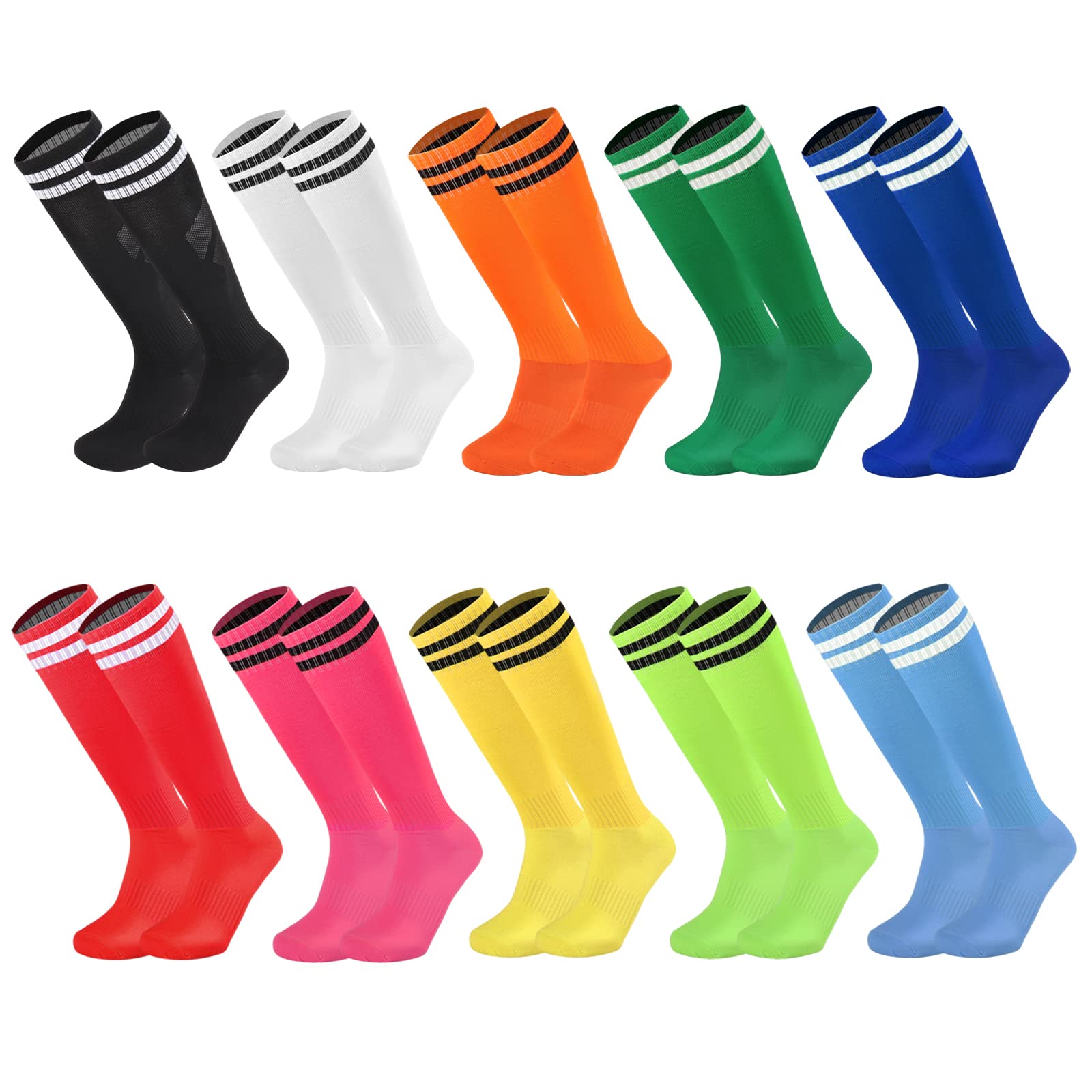 Elfcool 10 Pairs Knee High Tube Socks - Colorful Double Stripes Soccer Football Athletic Crew Socks for Men & Women - Perfect for Sports, Team Uniforms & Casual Wear