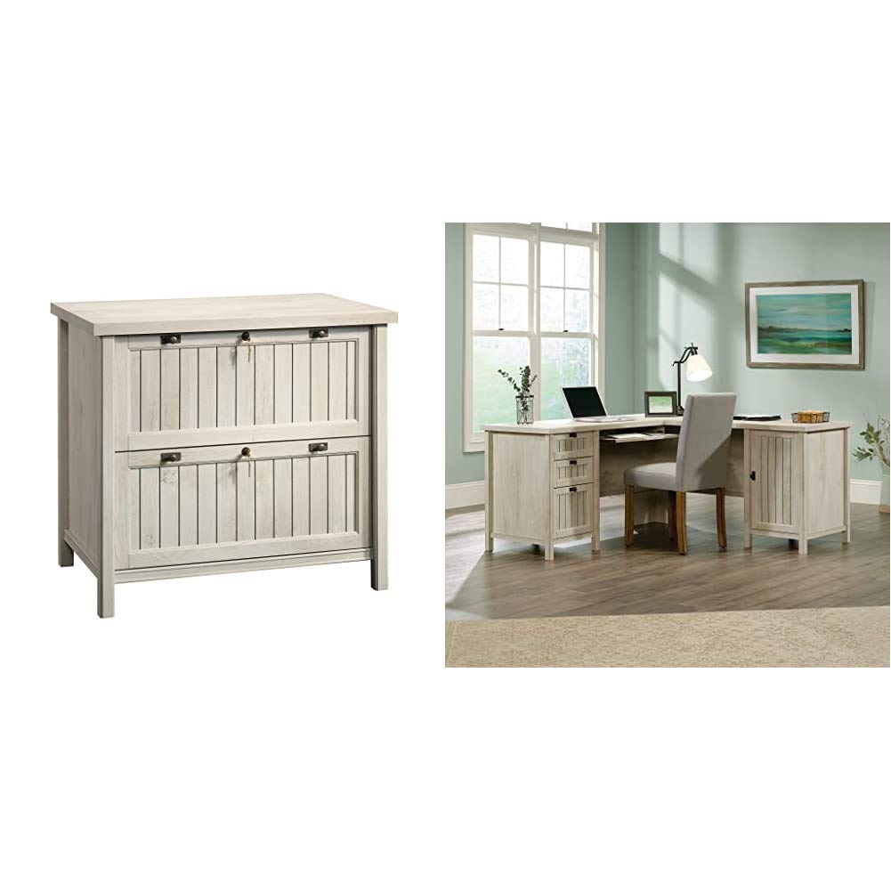 Sauder Costa Lateral File and L-Shaped Desk with Chalked Chestnut Finish - Home Office Furniture for Small Spaces, Work from Home Setup, Modern Workspace Solution