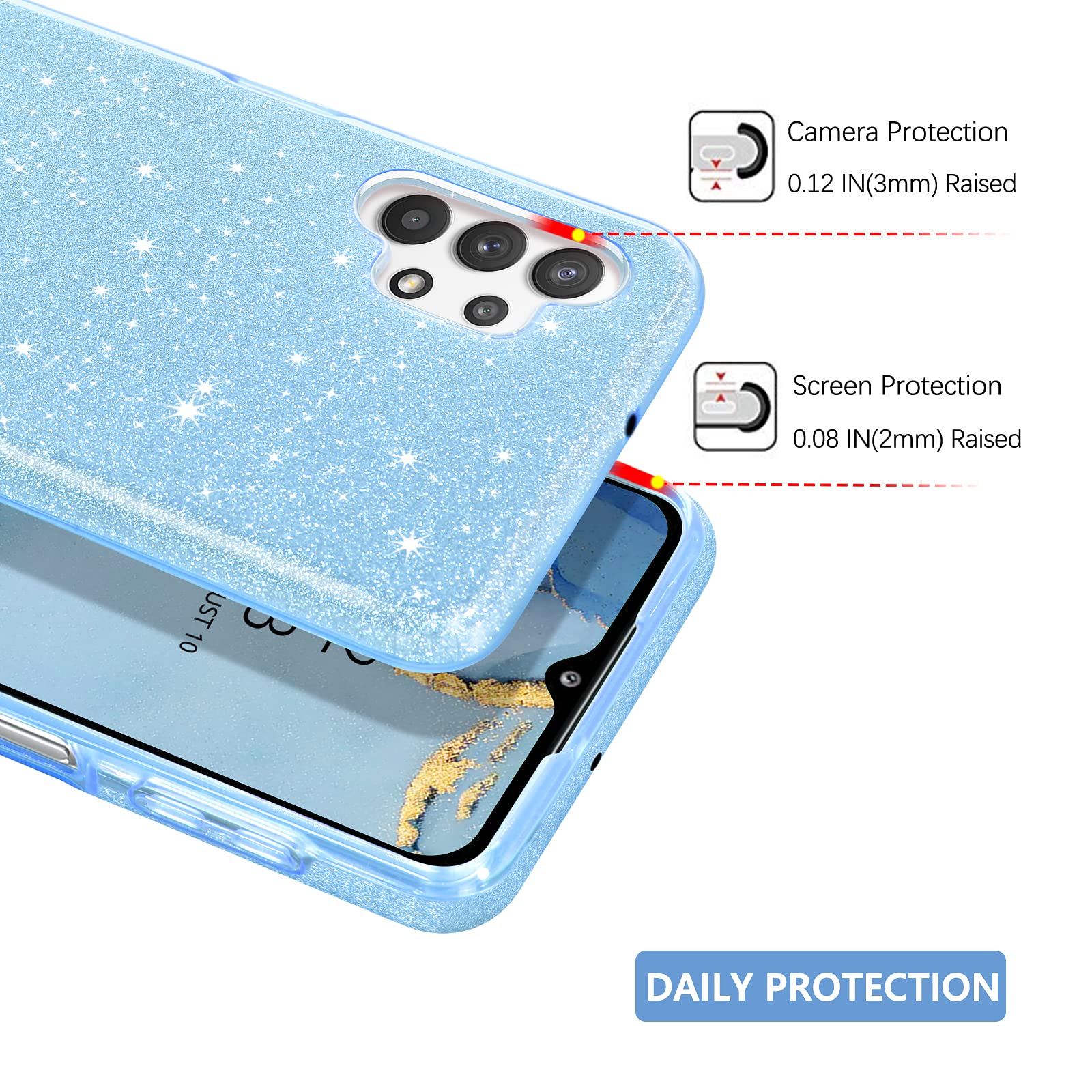 Sparkly Glitter Samsung Galaxy A32 5G Case - Shockproof Protective Hybrid Cover with Finger Ring & Kickstand for Women | Perfect for Daily Use, Work & Travel (Blue)