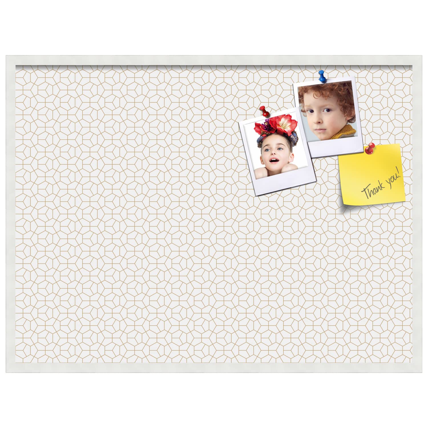PinPix 40x30 Inch Cork Bulletin Board - Decorative Framed Pin Board with Modern Hex Gold Design & Satin White Frame - Perfect for Home Office Decor, School Classroom, Dorm Room Organization & Wall Memo Board (PinPix-1537)