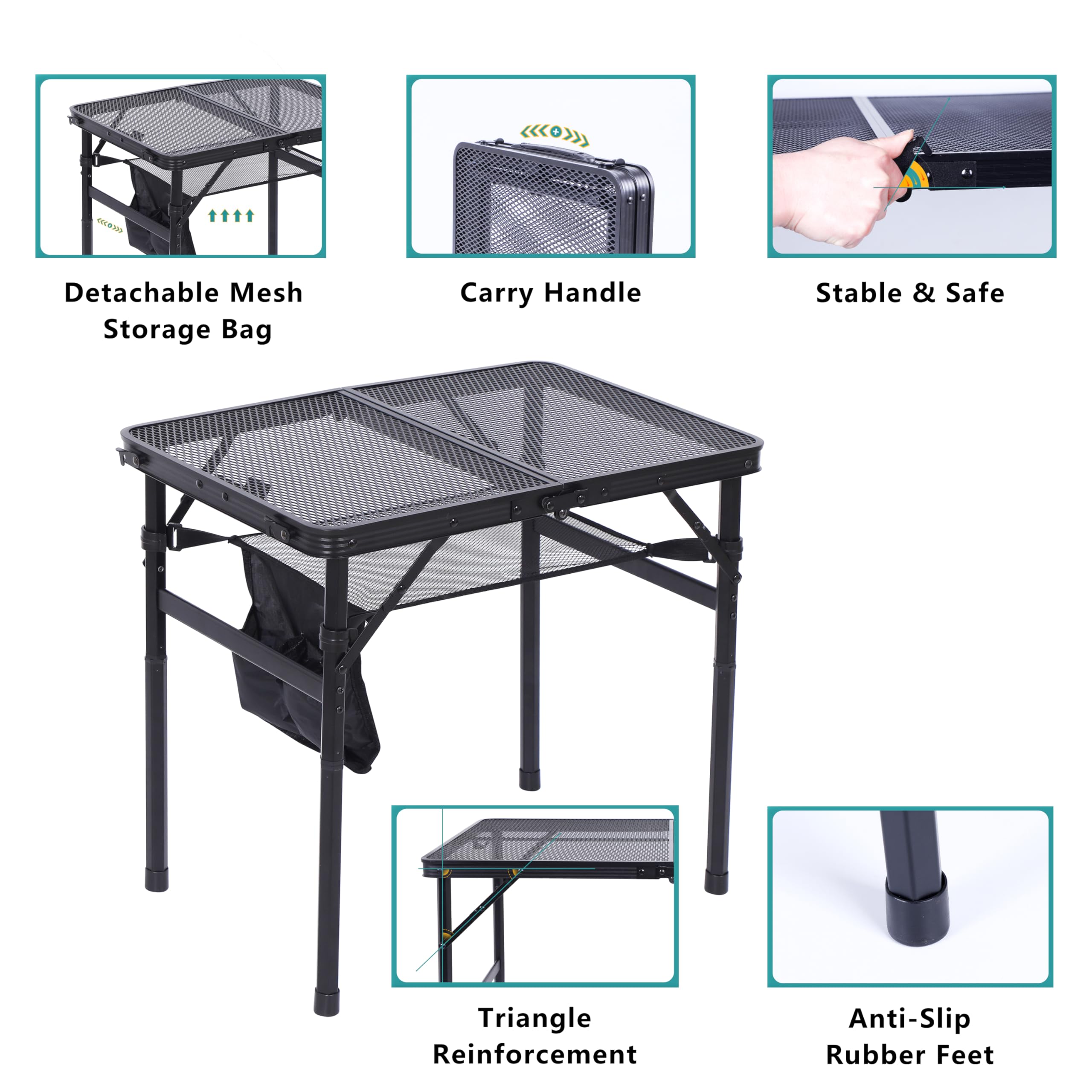 Premium Adjustable Height C-Shaped Grill Table - Outdoor Camping Cooking & Picnic Table with Mesh Bag & Carry Handle (47.3