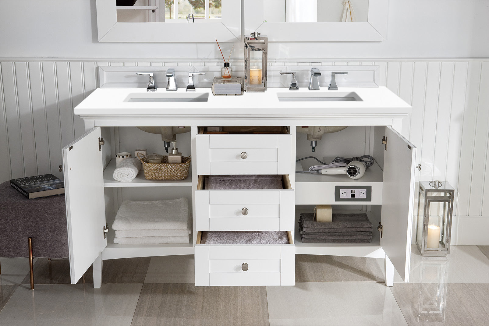Palisades 60 Inch Double Bathroom Vanity with 3CM Classic White Quartz Countertop - Bright White Finish for Modern Master Bathroom & Guest Bath Remodel
