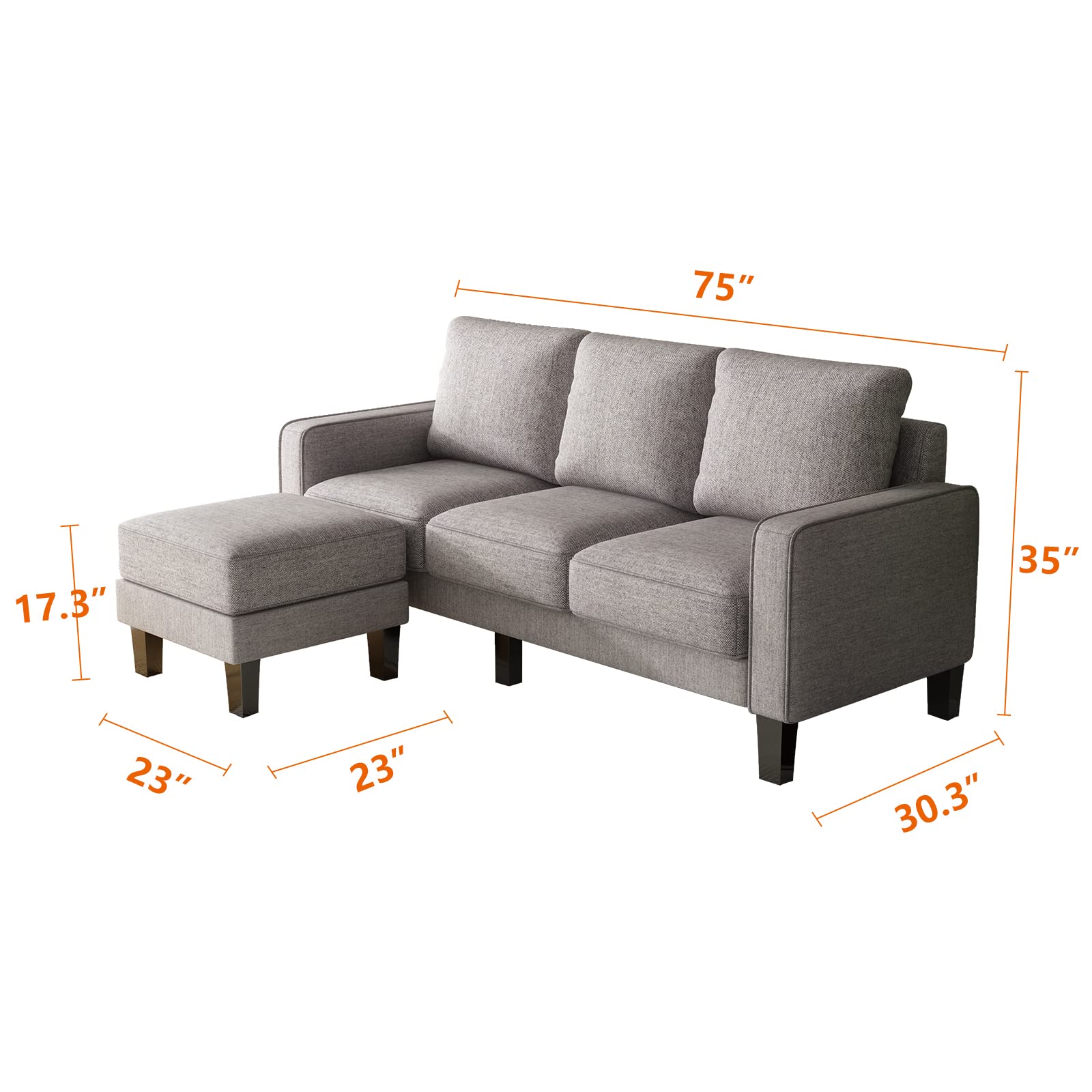 JUSTONE Convertible Sectional Sofa Couch - Modern L-Shaped 3-Seat Reversible Chaise Sofa for Living Room, Apartment & Small Spaces | Easy Assembly Light Grey Fabric | Perfect for Family Gatherings, Movie Nights & Compact Home Decor