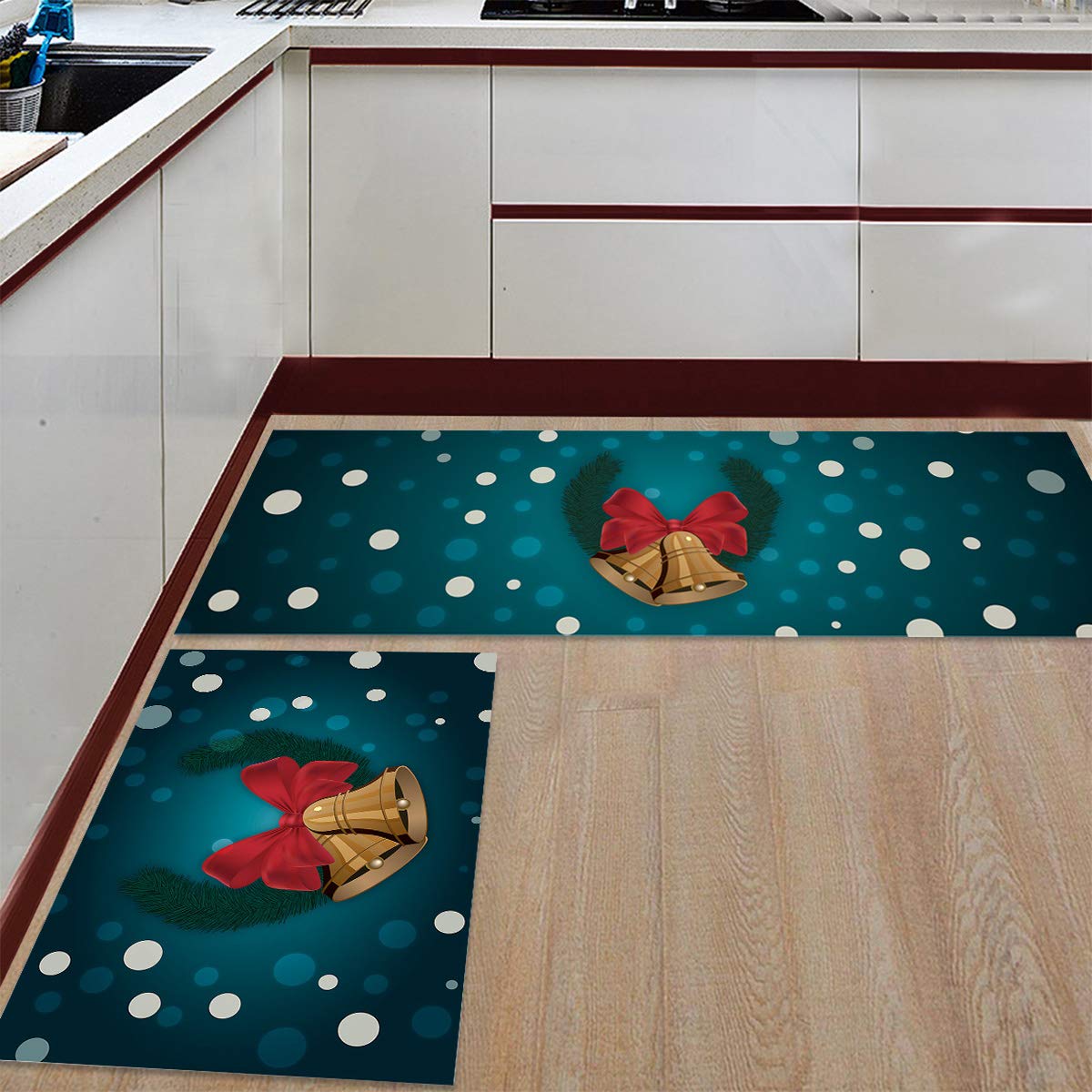 Christmas Kitchen Mat Set - 2 Pack Absorbent Felt Rugs for Holiday Decor, Non-Slip Doormats for Kitchen, Sink, Office & Hallway (19.7x31.5in + 19.7x63in) with Gold Bell Ornaments - Perfect for Festive Home Decor & Gift Giving