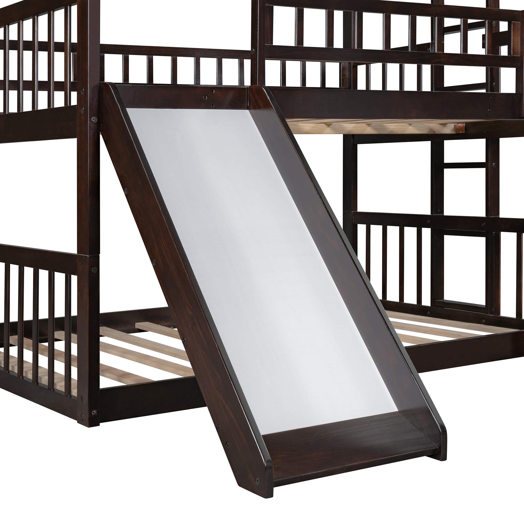 Triple Bunk Bed with Slide - Full Over Full Over Full Wooden Bunk Bed with 2 Ladders - No Box Spring Needed - Perfect for Kids, Teens & Family - Space Saving Bunk Bed for Small Rooms, Dorms & Vacation Homes