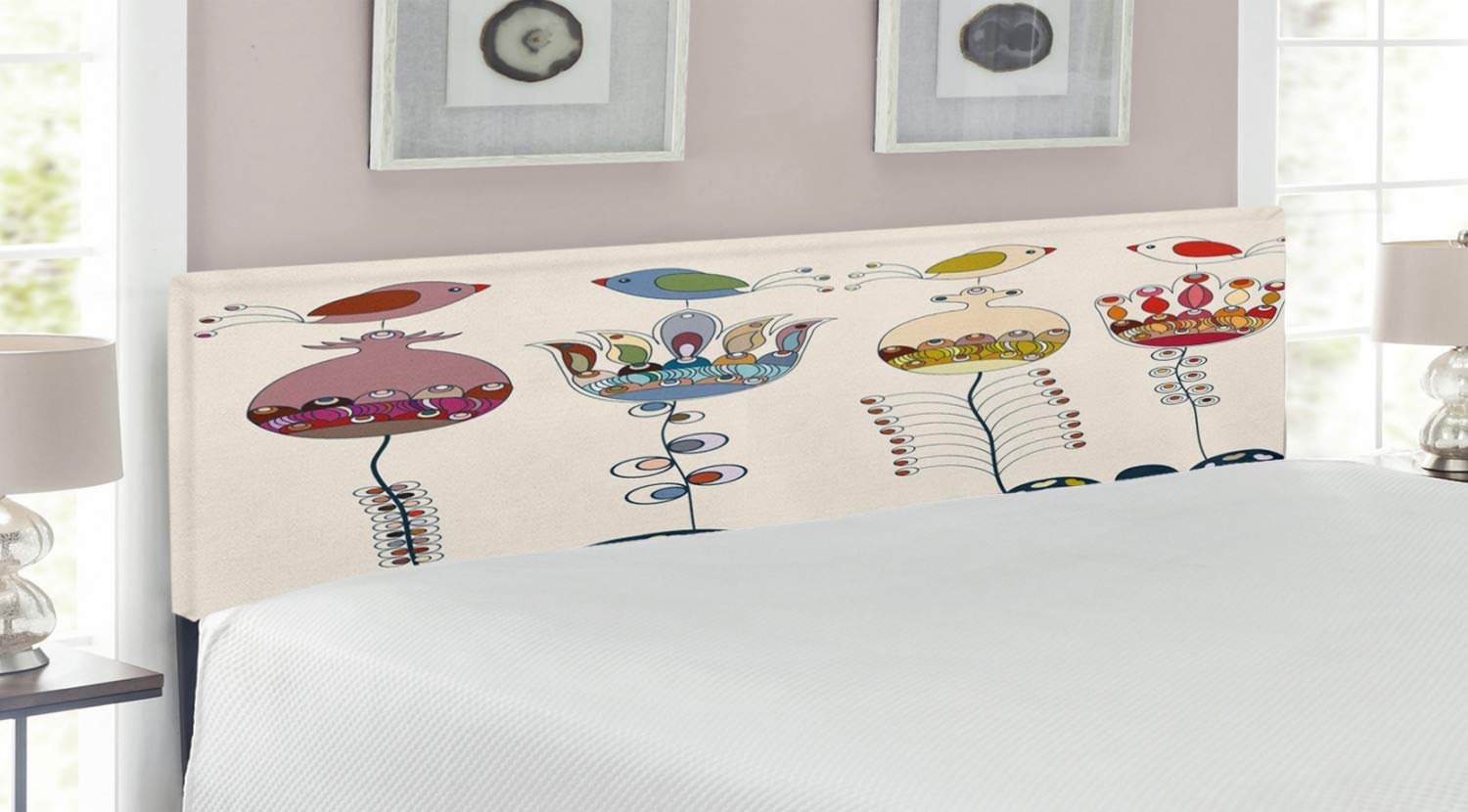 Ambesonne King Size Upholstered Headboard - Colorful Cartoon Landscape with Flowers, Birds & Abstract Designs, Memory Foam Padding | Perfect for Bedroom Decor, Guest Rooms & Modern Home Interiors