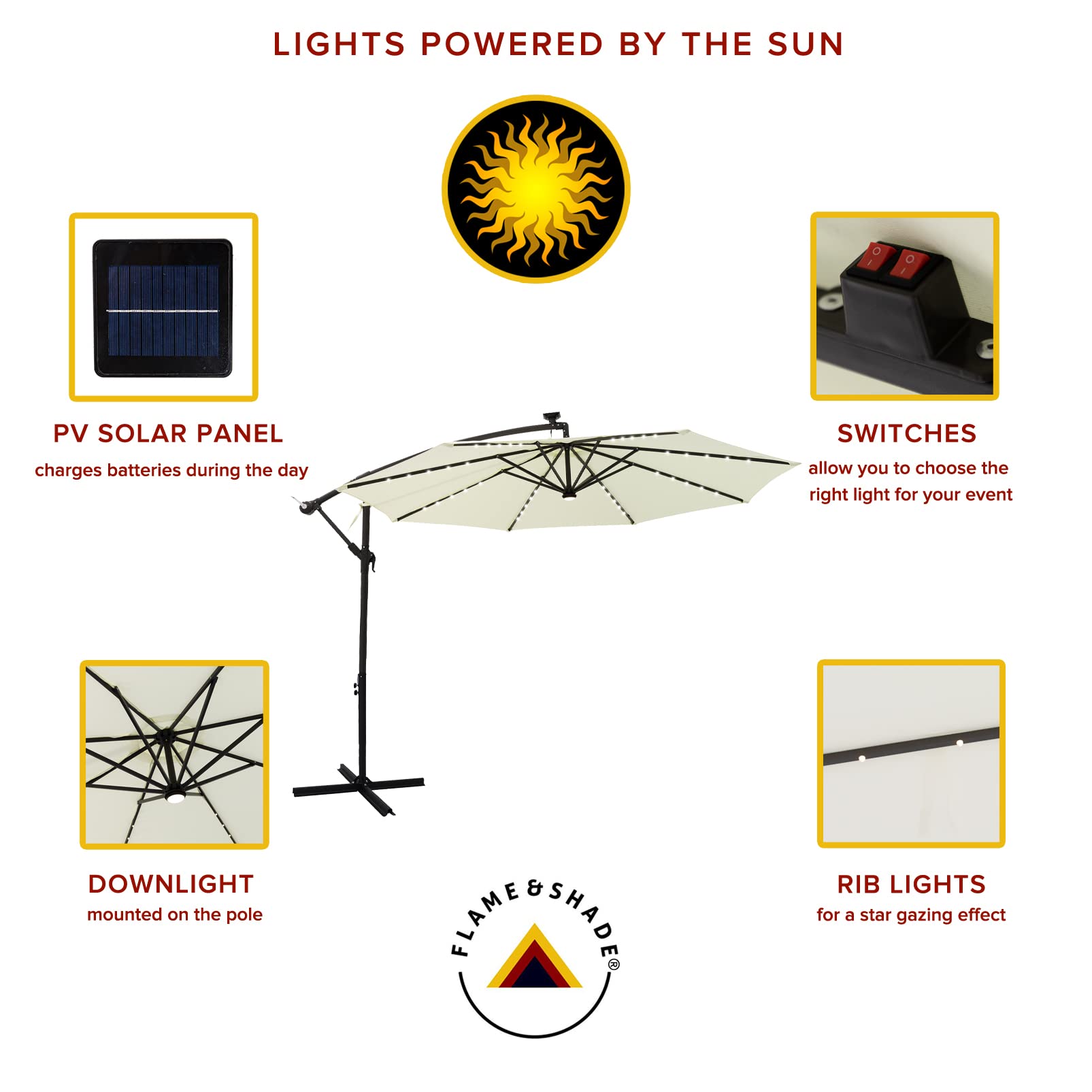 FLAME&SHADE 10 ft Cantilever Offset Solar Powered Outdoor Patio Umbrella with LED Lights and Cross Base Stand - Ivory - Perfect for Poolside, Backyard, Garden, and Outdoor Dining Areas