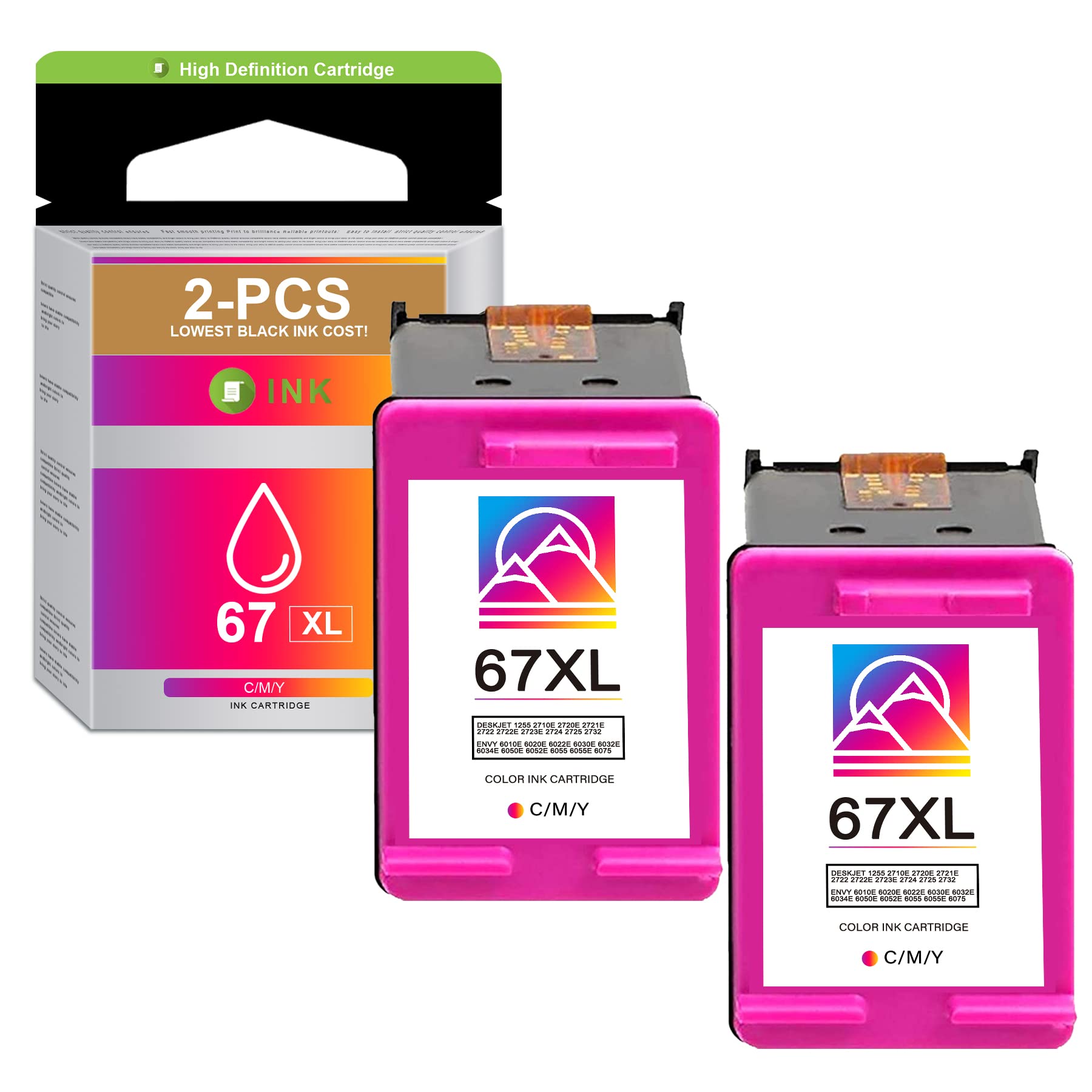 VASERINK 2-Pack Remanufactured 67XL/3YM58AN Tri-Color Ink Cartridges - Compatible with HP Deskjet 2732/2752/2755/1255 & Envy 6052/6055/6075/6058 Printers - Perfect for Home Office Printing, School Projects & Everyday Documents