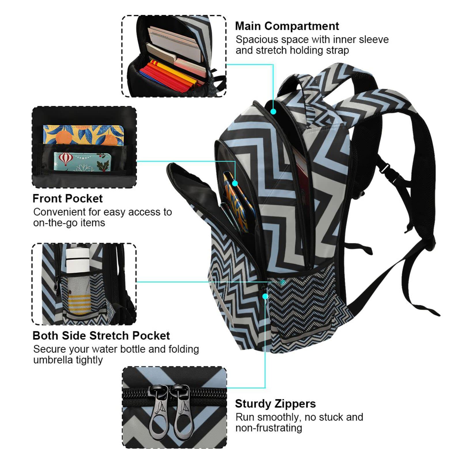 Acpiggto Geometric Striped Backpack - Stylish Blue Grey Daypack for Gym, Sports & Casual Use - Durable Shoulder Bag for Women & Men | Perfect for Travel, Work & School