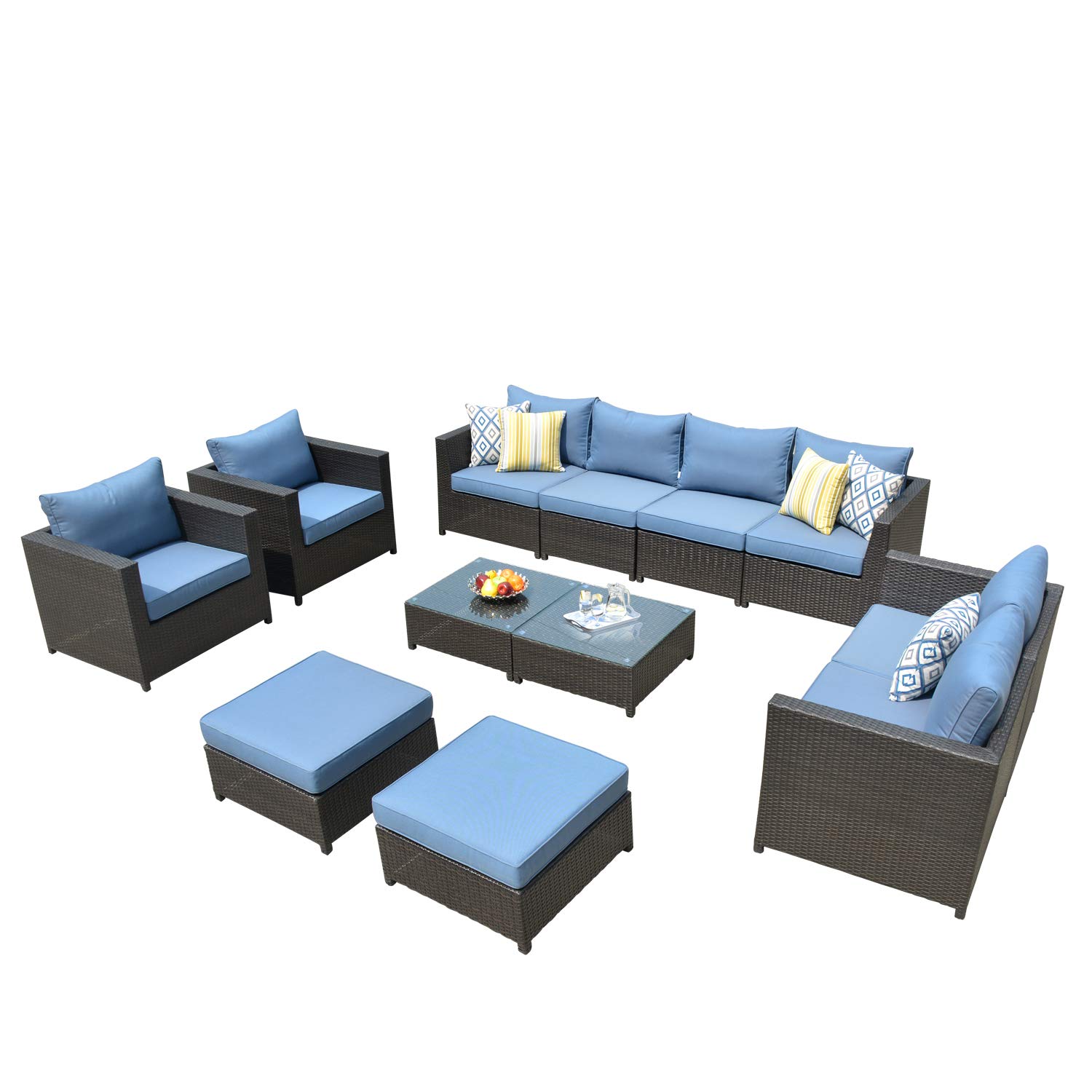 Ovios 12-Piece Patio Furniture Set - Outdoor Wicker Rattan Sofa Set with Blue Cushions, Fully Assembled Brown Rattan Furniture for Garden, Poolside & Backyard Relaxation