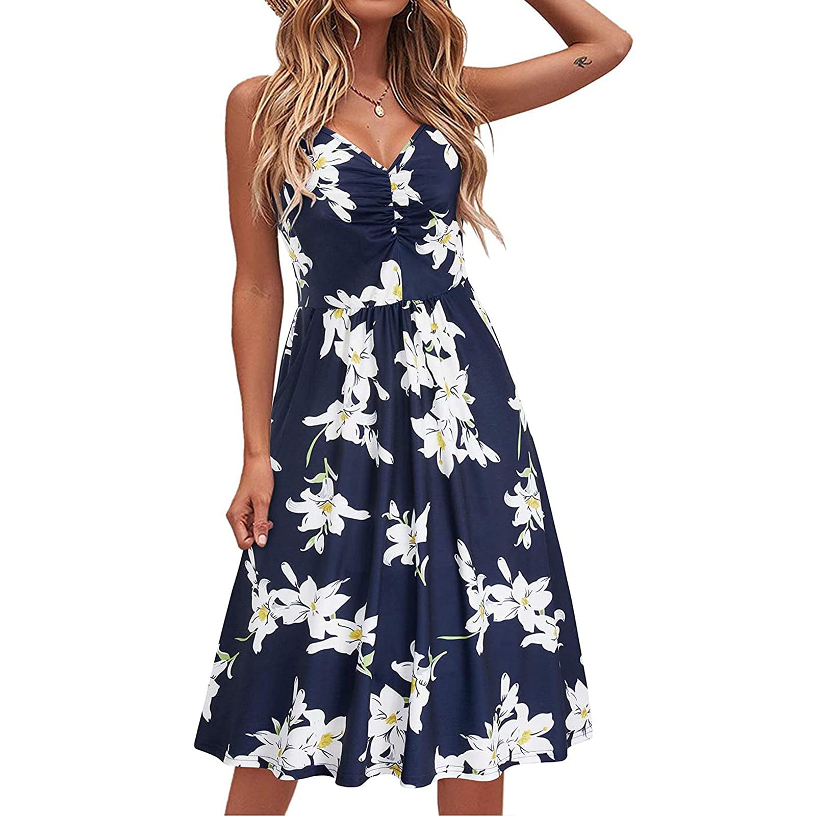 Women's Floral Print Spaghetti Strap A-Line Sundress - Summer Casual V-Neck Sleeveless Swing Dress for Beach, Vacation & Date Night (Dark Blue, X-Large) | Flowy Midi Dress for Ladies